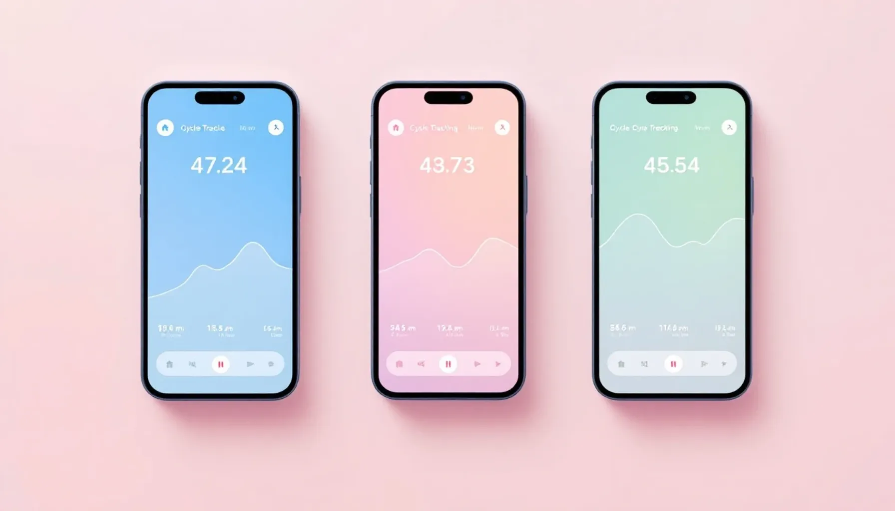 Minimalist flat illustration of three smartphone screens side by side, each displaying different cycle tracking interfac
