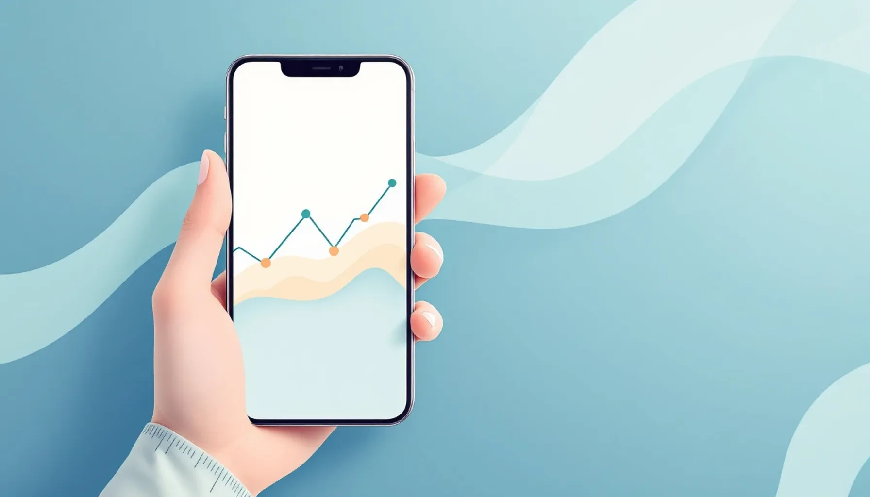 Minimalist flat illustration of a smartphone displaying a temperature curve chart with soft pastel colors (light blue, c