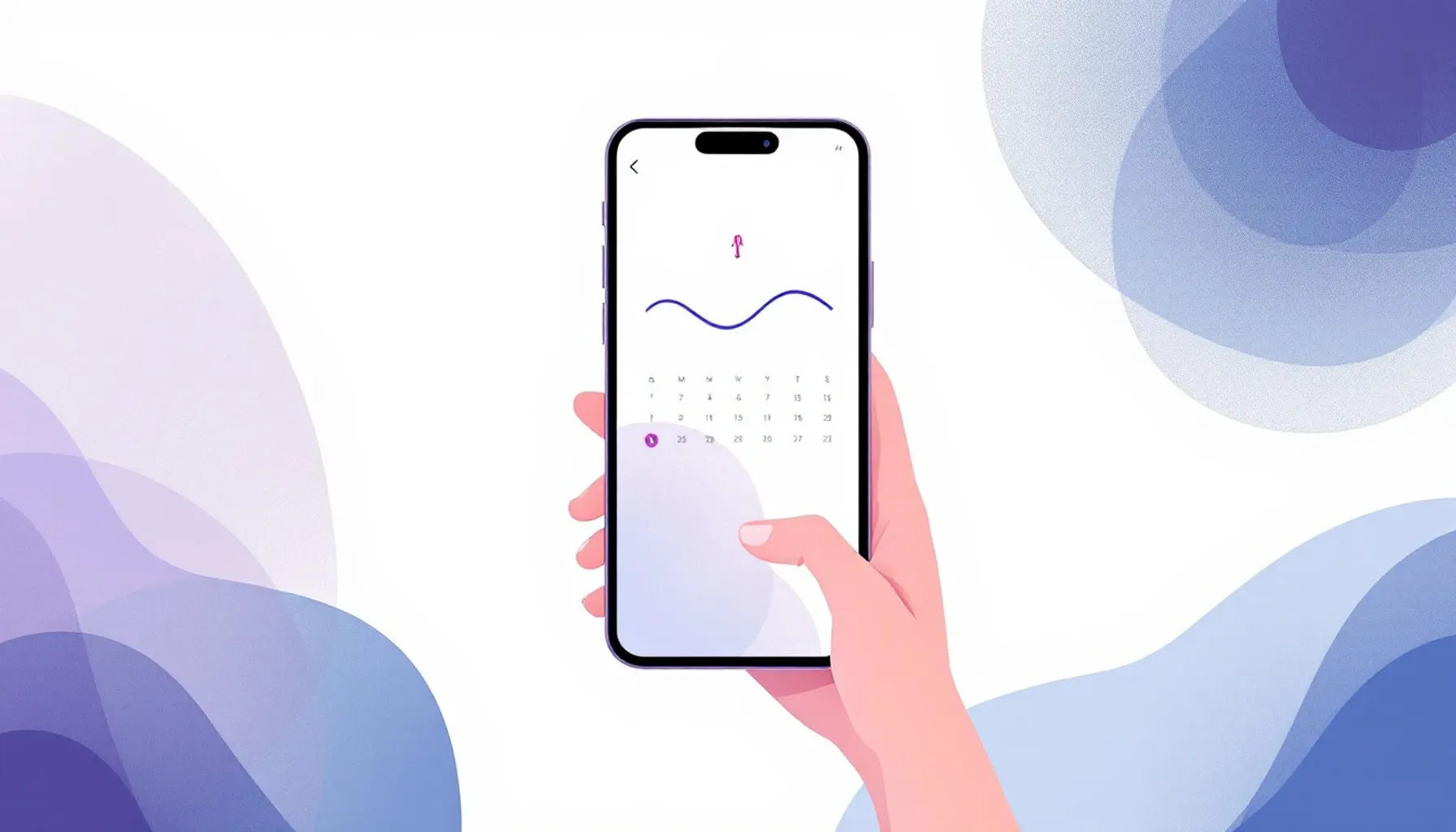 Minimalist flat illustration of a smartphone displaying a calendar interface with cycle tracking symbols (calendar grid,