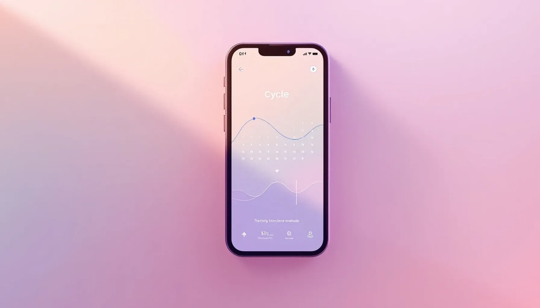 Minimalist flat illustration of a smartphone screen displaying a cycle calendar with soft pastel colors (peach, lavender