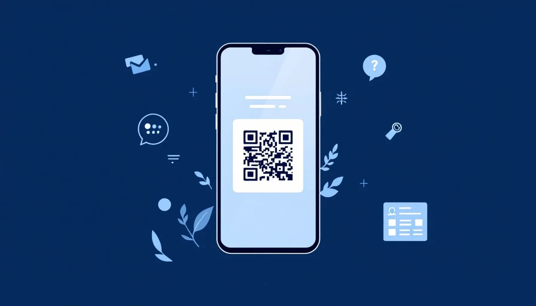 Clean minimalist flat illustration of a smartphone displaying a QR code with soft blue and white tones, surrounded by su