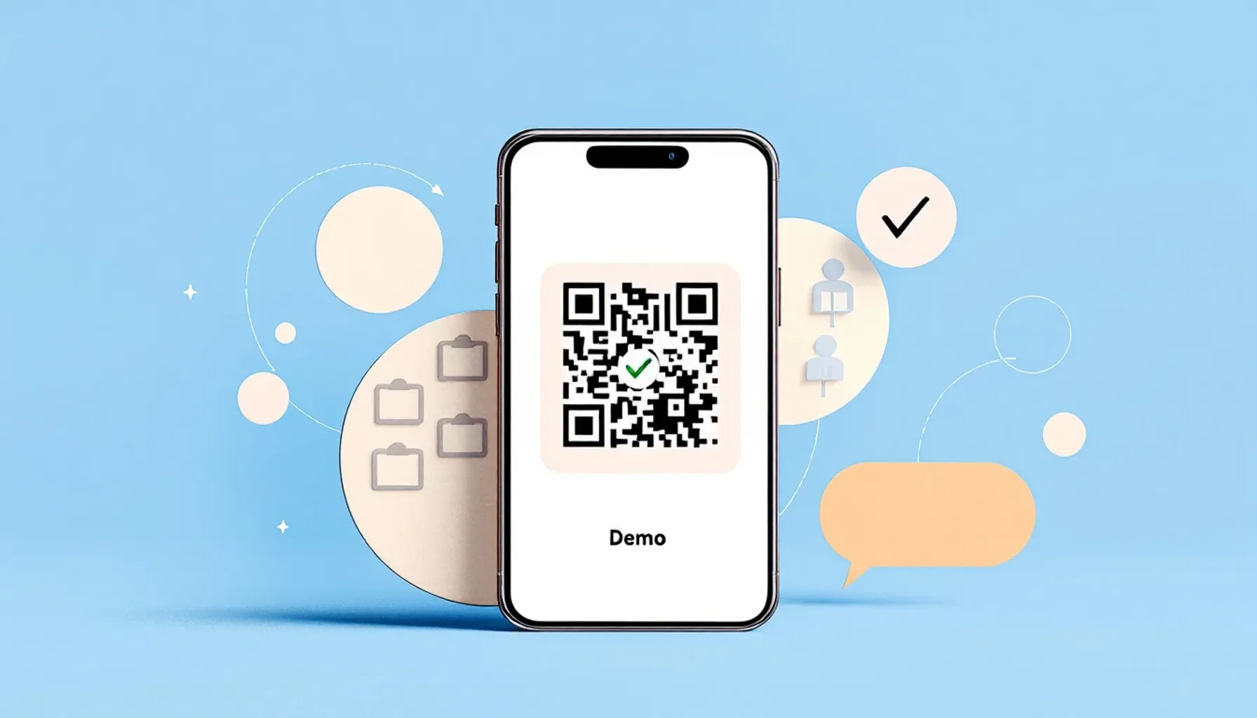 Minimalist flat illustration of a smartphone displaying a QR code with a checkmark, surrounded by soft circular elements
