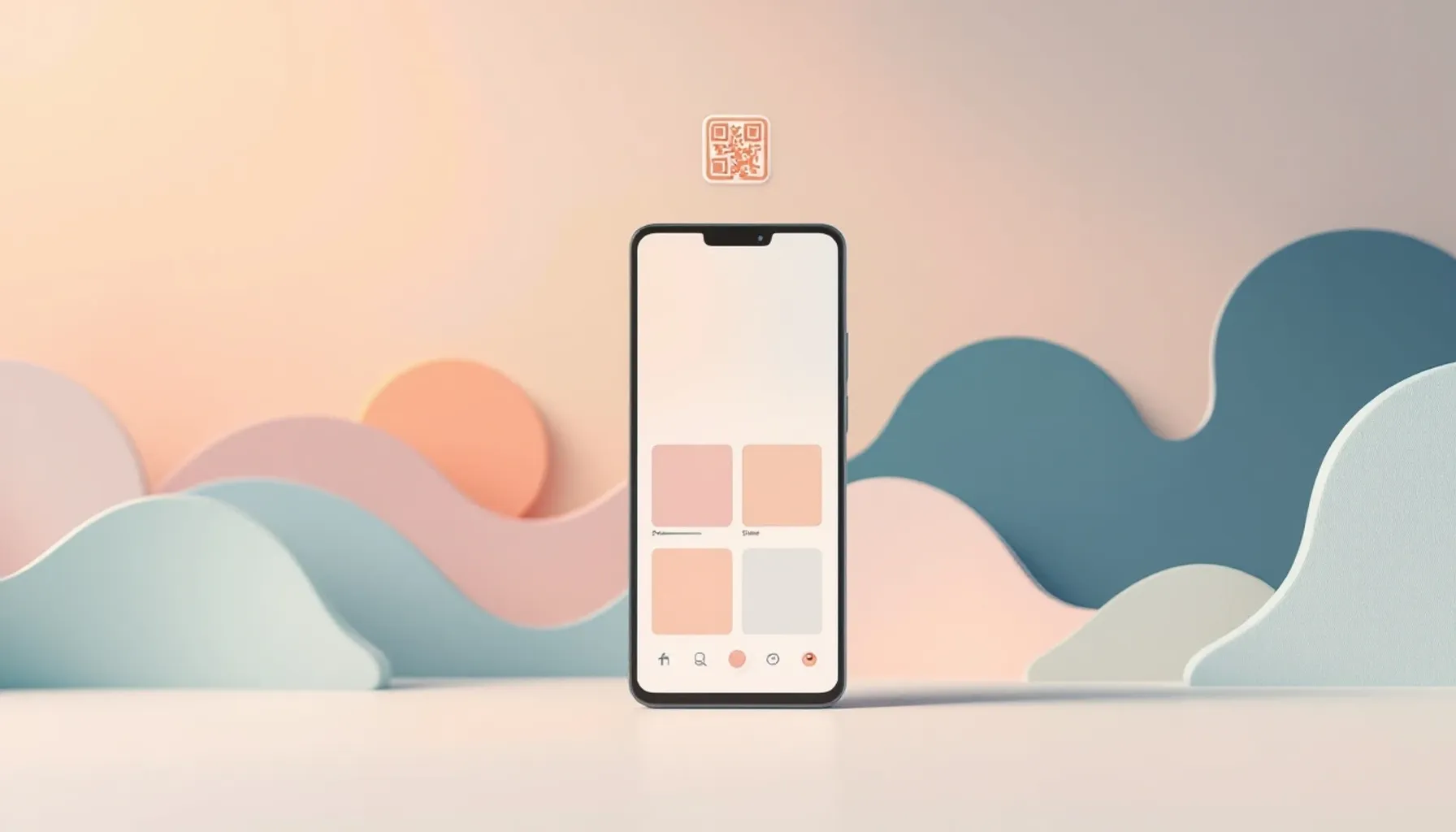 Minimalist flat illustration of a smartphone displaying a photo gallery interface with a QR code symbol floating above i