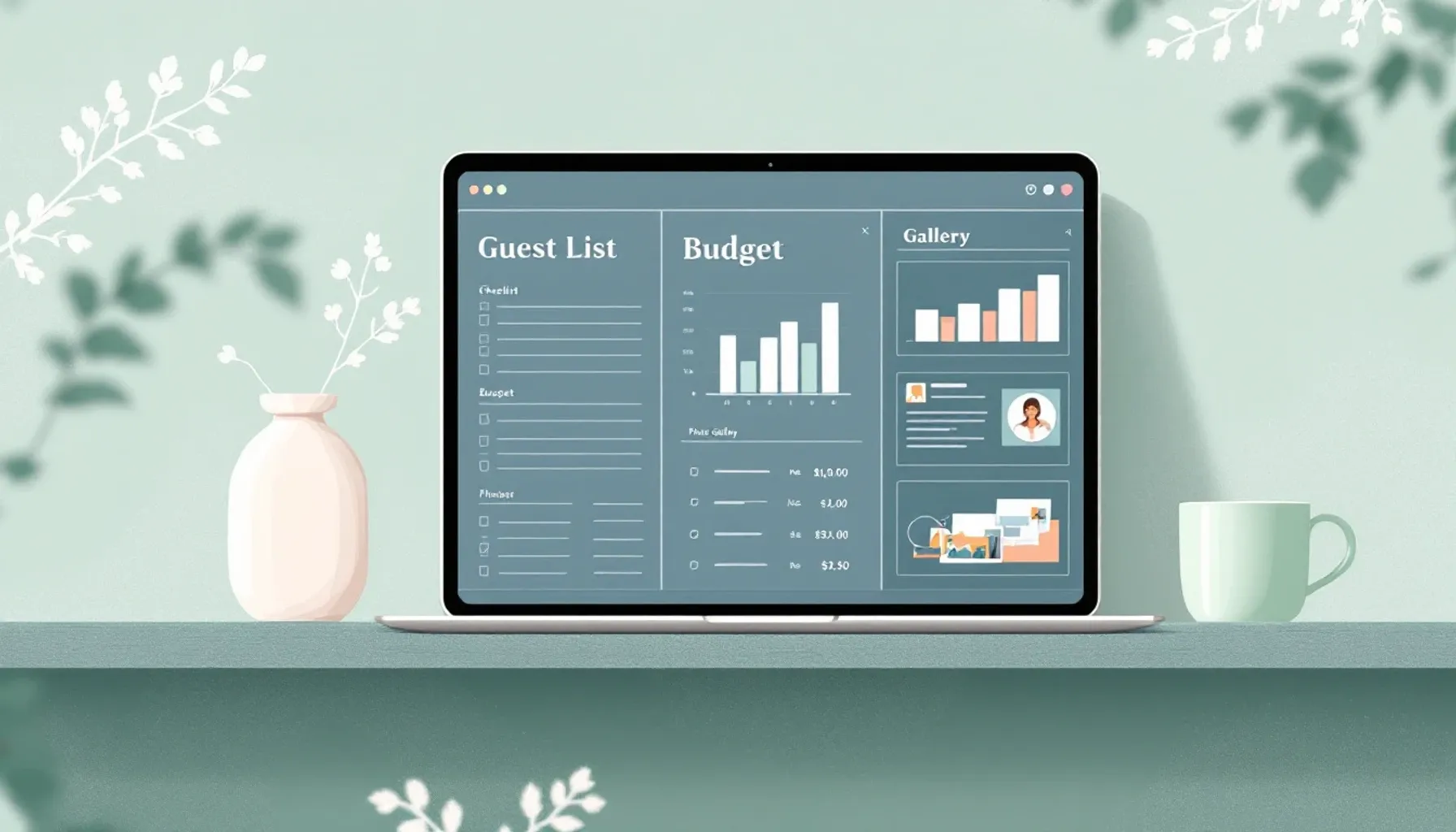 Minimalist flat illustration of a wedding planning workspace: tablet screen showing a guest list checklist, budget sprea