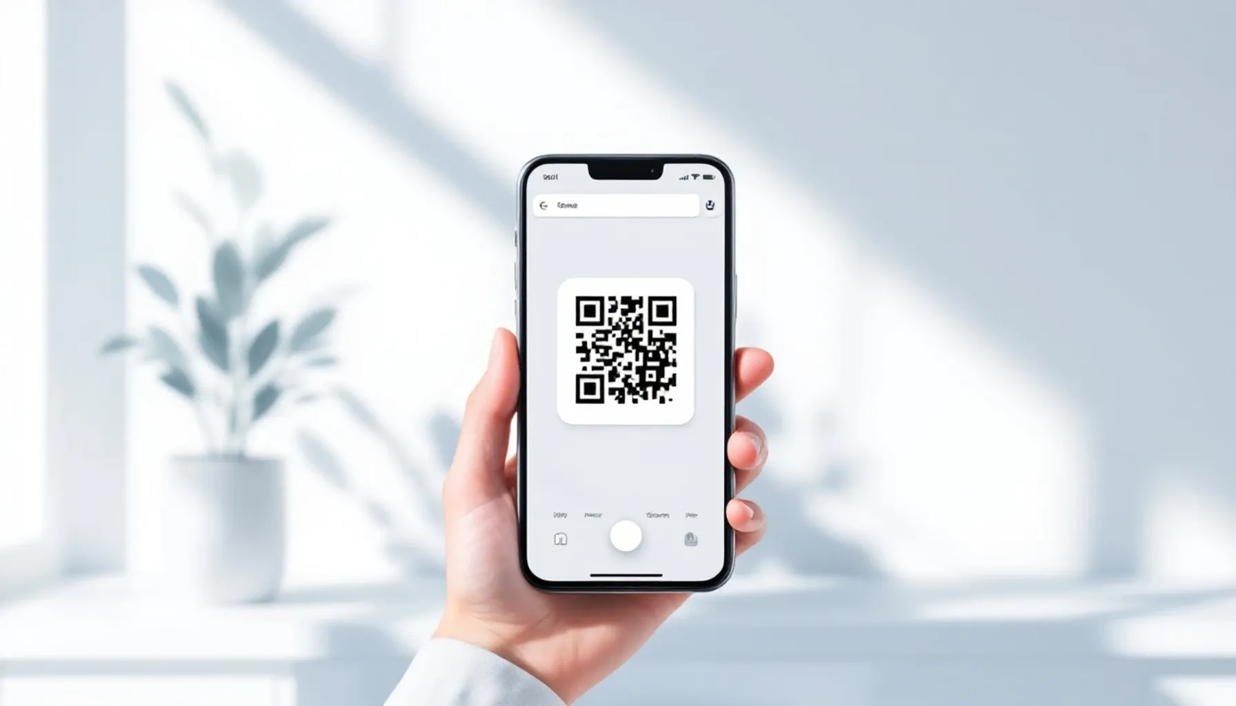 Smartphone screen showing a QR code being scanned by a camera app, with a wedding photo gallery interface displayed on t