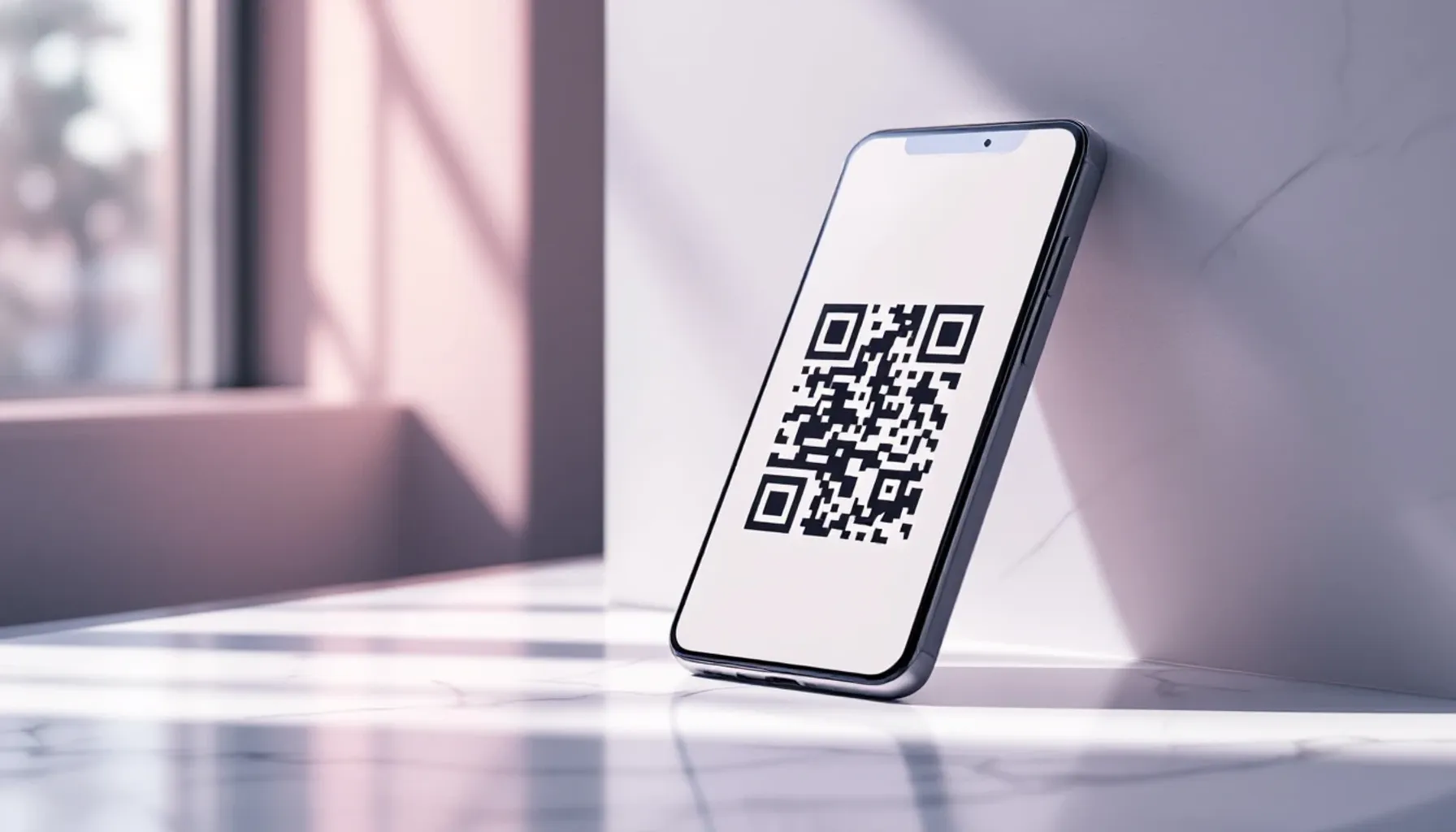 Smartphone displaying a QR code on the screen, positioned at 45-degree angle on a white marble surface with soft natural