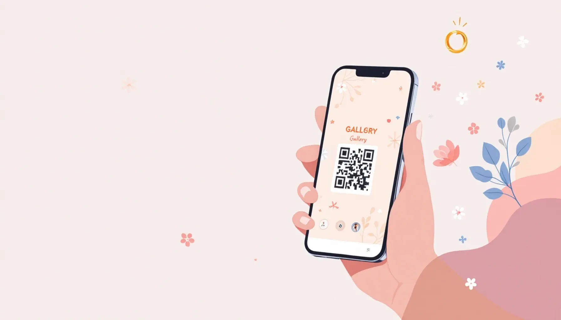 Minimalist flat illustration of a smartphone displaying a wedding gallery interface with a QR code symbol, soft pastel b