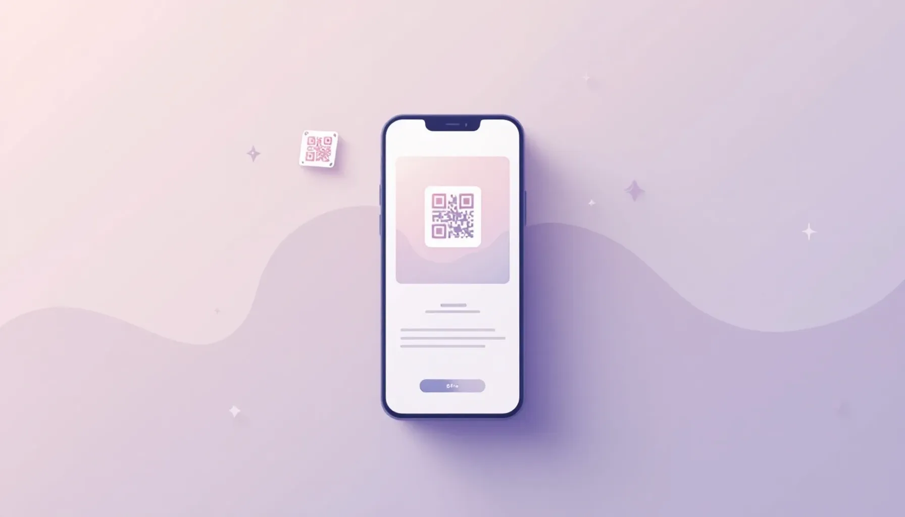 Minimalist flat illustration of a smartphone displaying an open photo gallery interface with a QR code symbol floating a