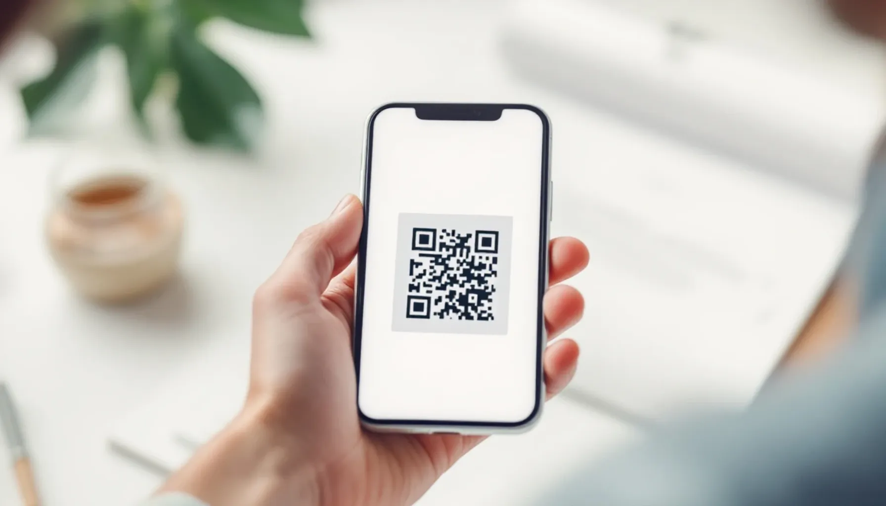 Smartphone held at 45-degree angle scanning a square QR code printed on white cardstock, soft natural window light from