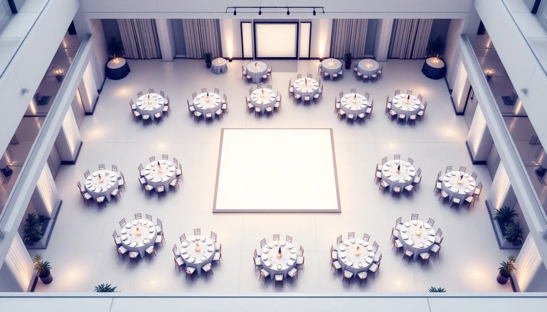 Clean minimalist illustration of a wedding reception hall floor plan viewed from above, showing round tables arranged in