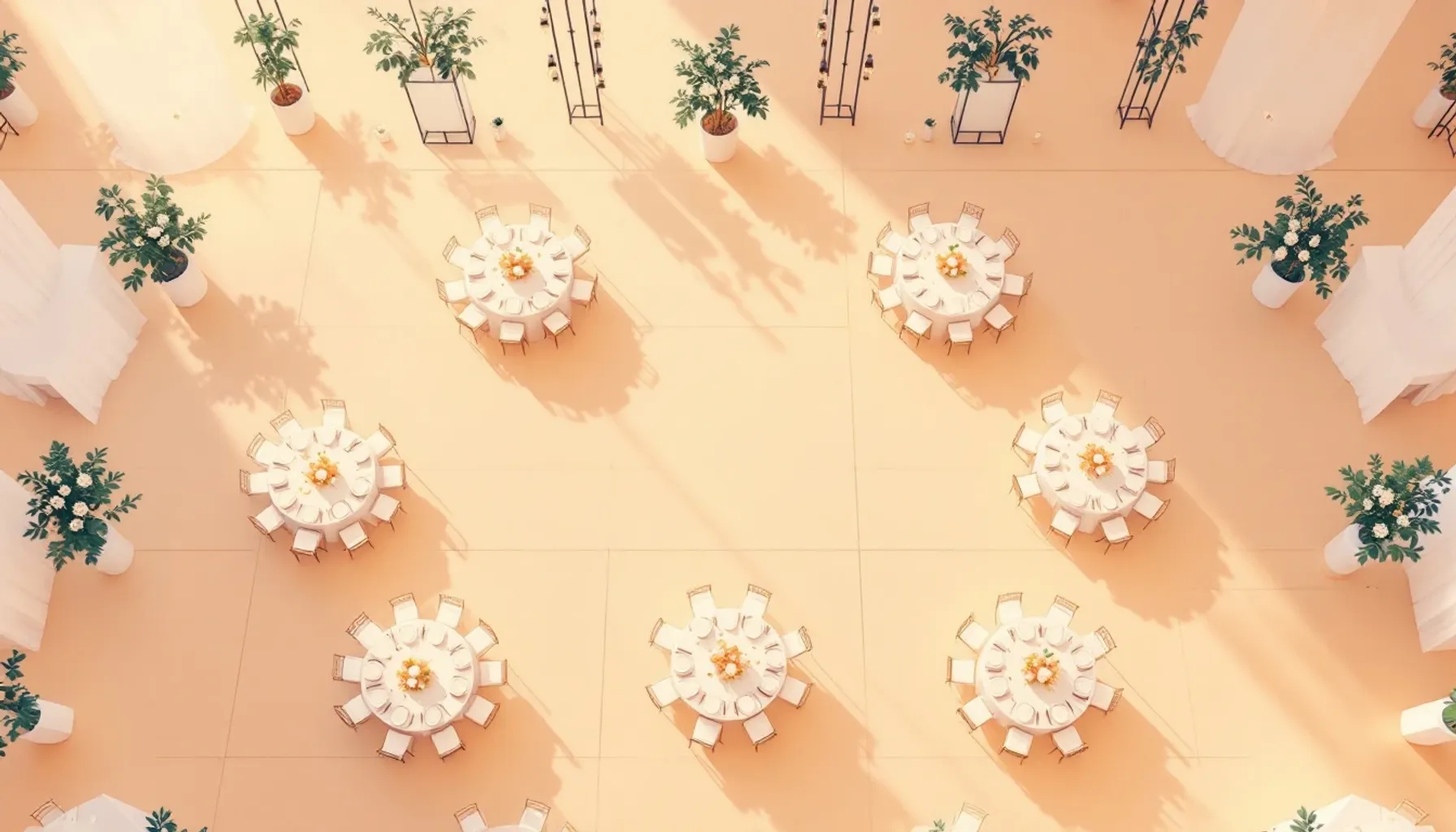 Overhead view of a wedding reception table arrangement with round and rectangular tables arranged in a spacious banquet