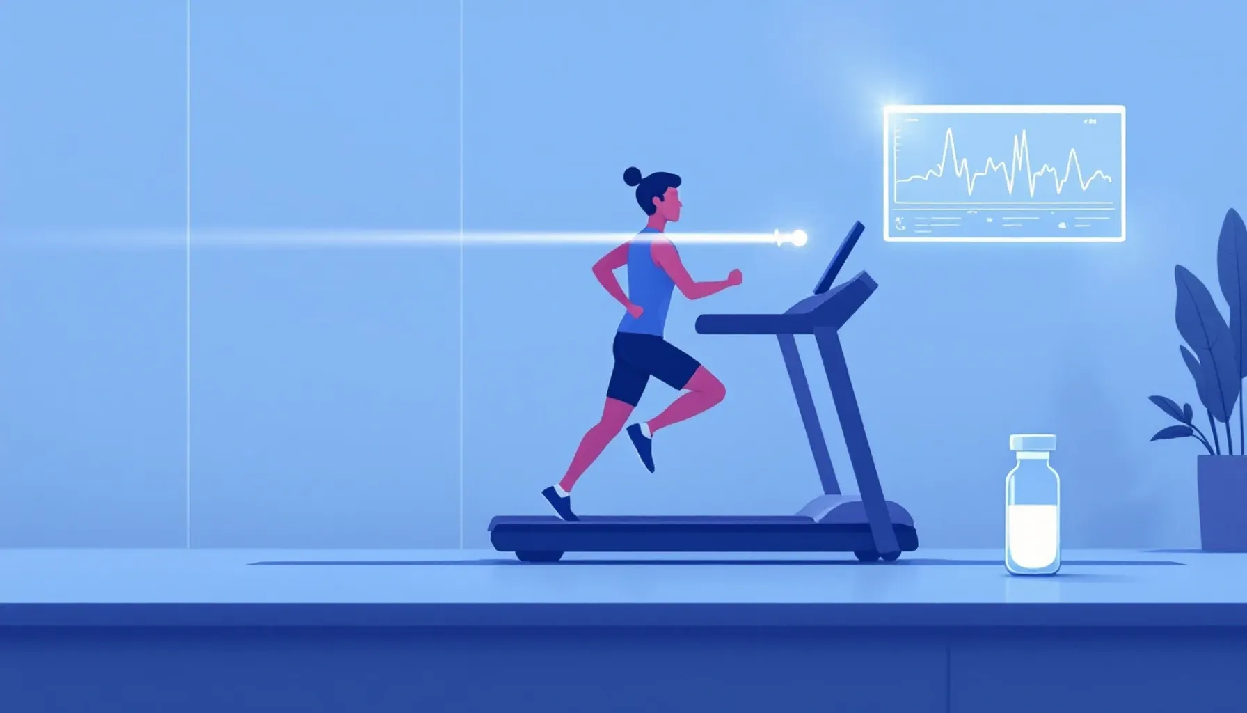 Clean minimalist illustration of a graded exercise test setup: a runner on an incline treadmill with subtle heart rate m
