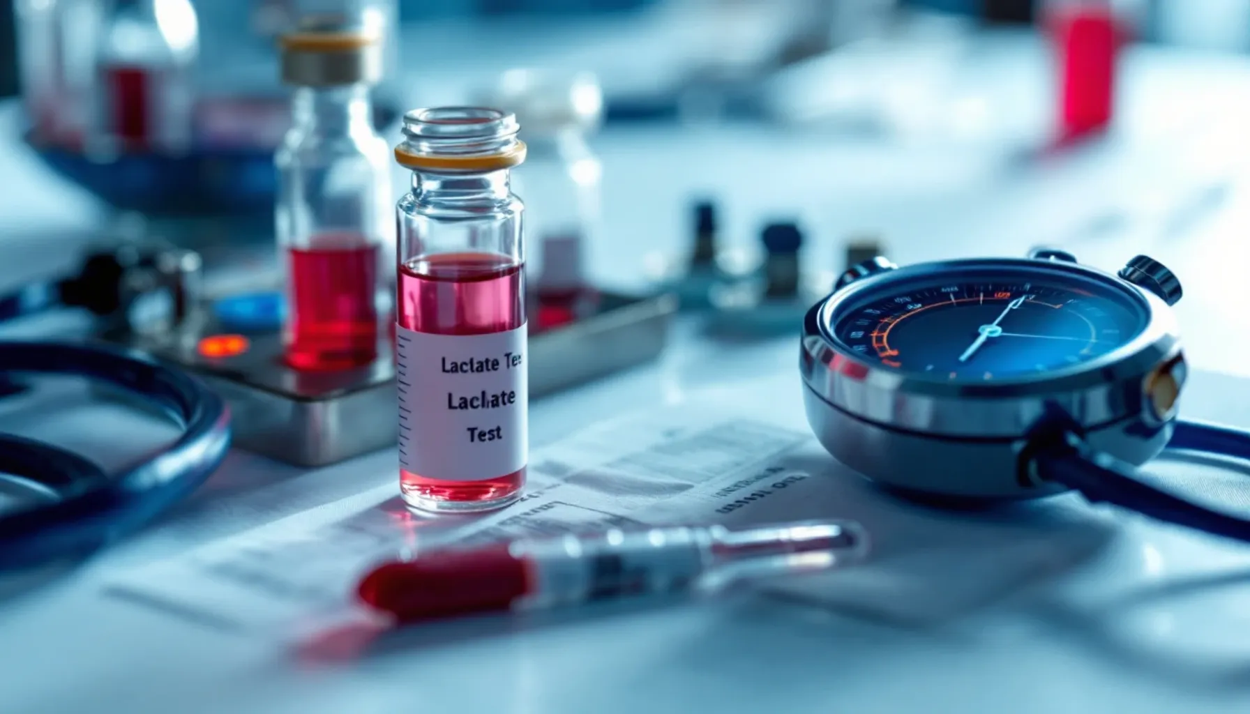 Laboratory blood sample collection setup with lactate test vial and timing stopwatch on a clean white surface, clinical 