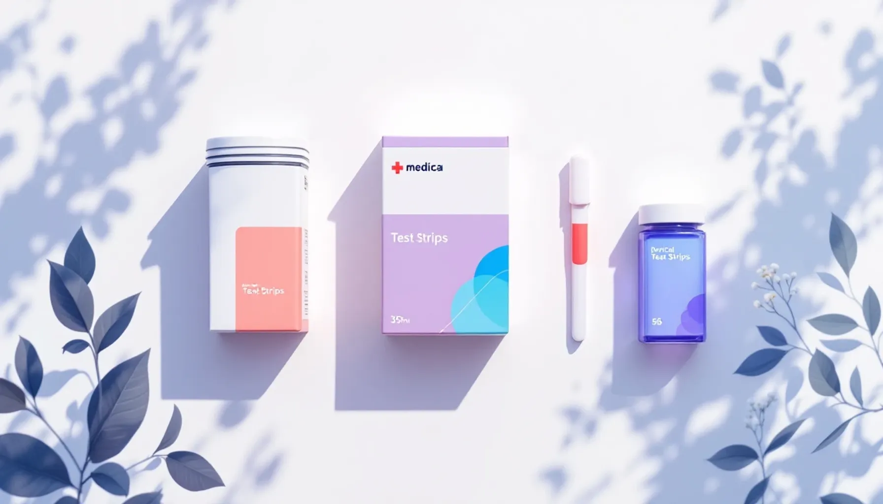 Flat lay composition of three different medical test strip packages arranged on a clean white surface with soft overhead