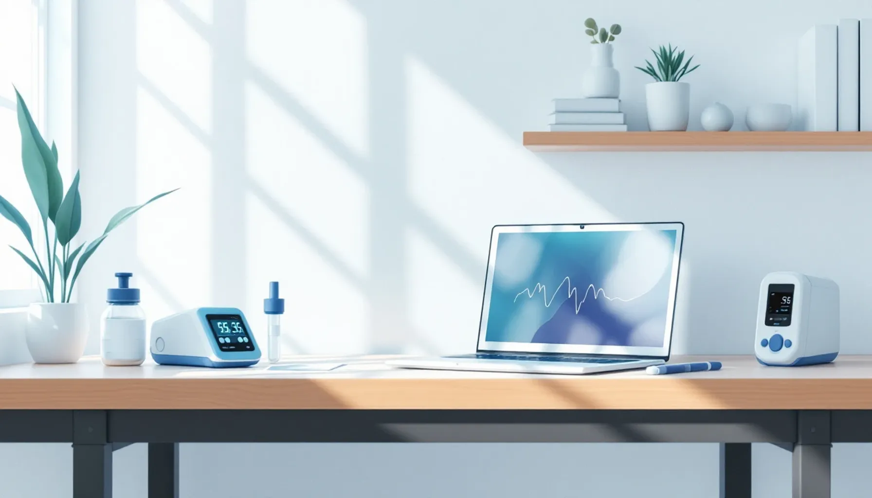 Clean laboratory workspace with a laptop displaying a graph or curve on screen, blood lactate meter and test tubes on a 
