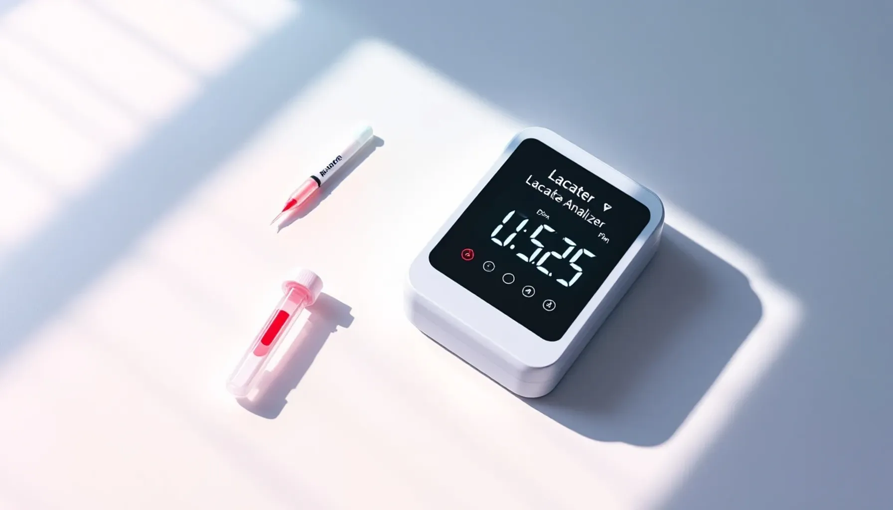 A portable lactate analyzer device on a clean white surface next to a small blood sample strip and lancet, photographed 
