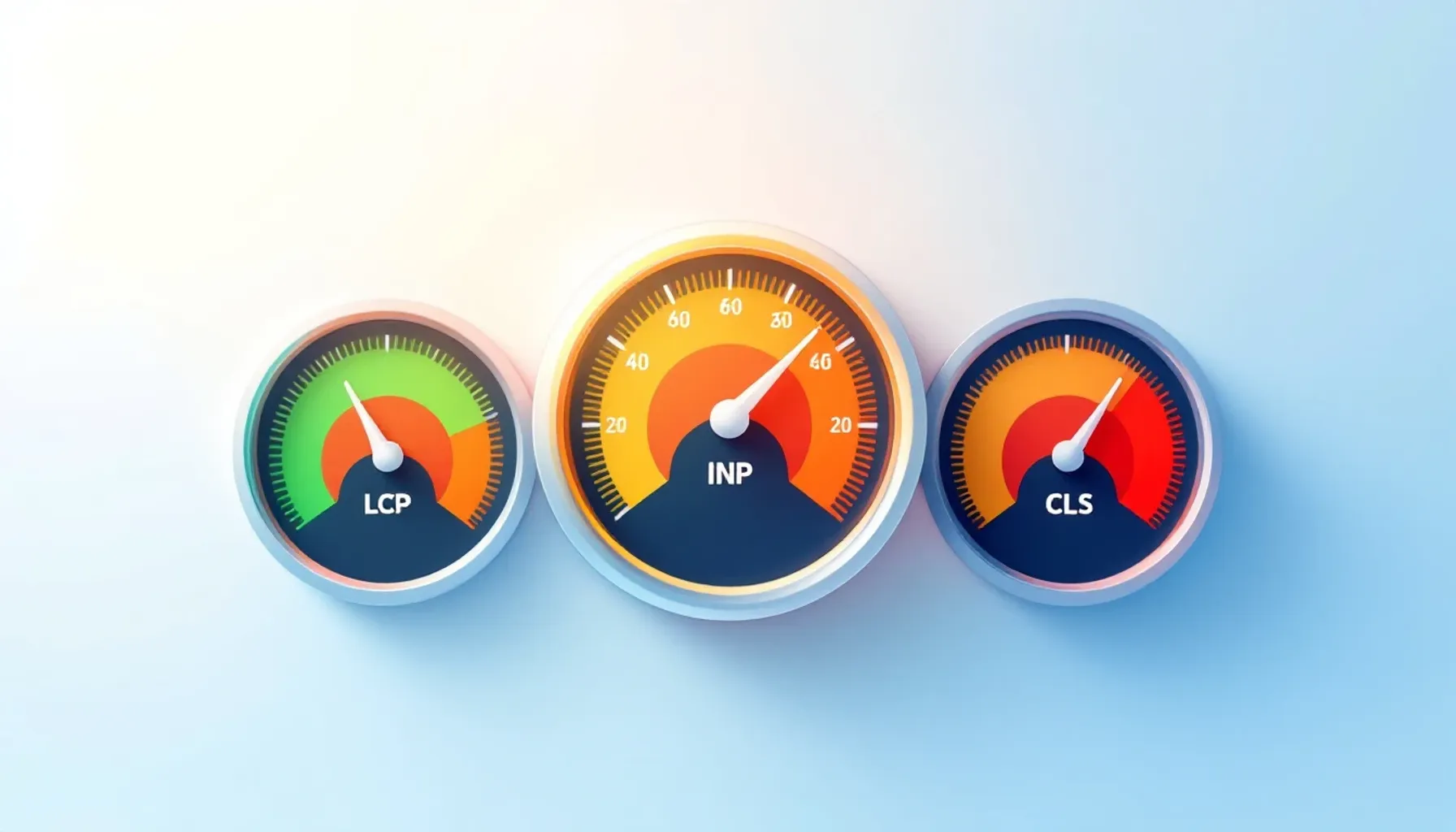 Clean, minimalist illustration of three interconnected performance gauges showing green, yellow, and red zones. Left gau