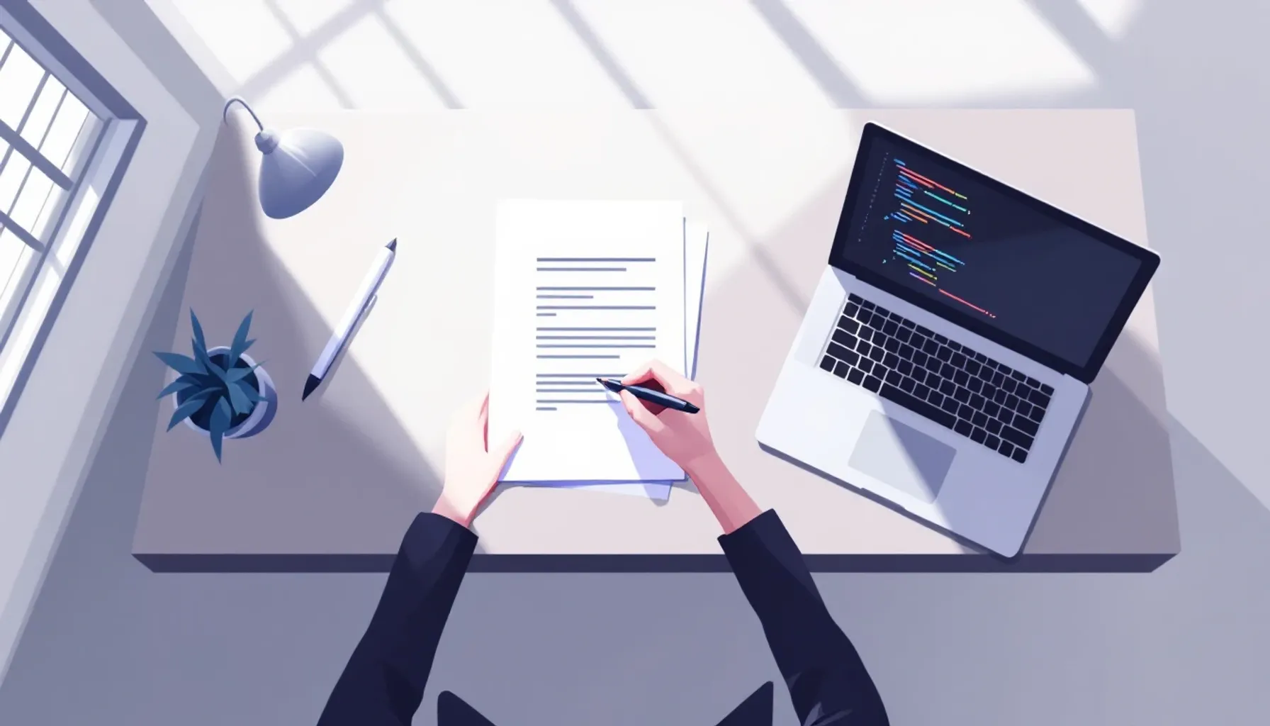 Overhead view of a desk with a contract document, pen, and laptop showing code on screen, natural window light from left