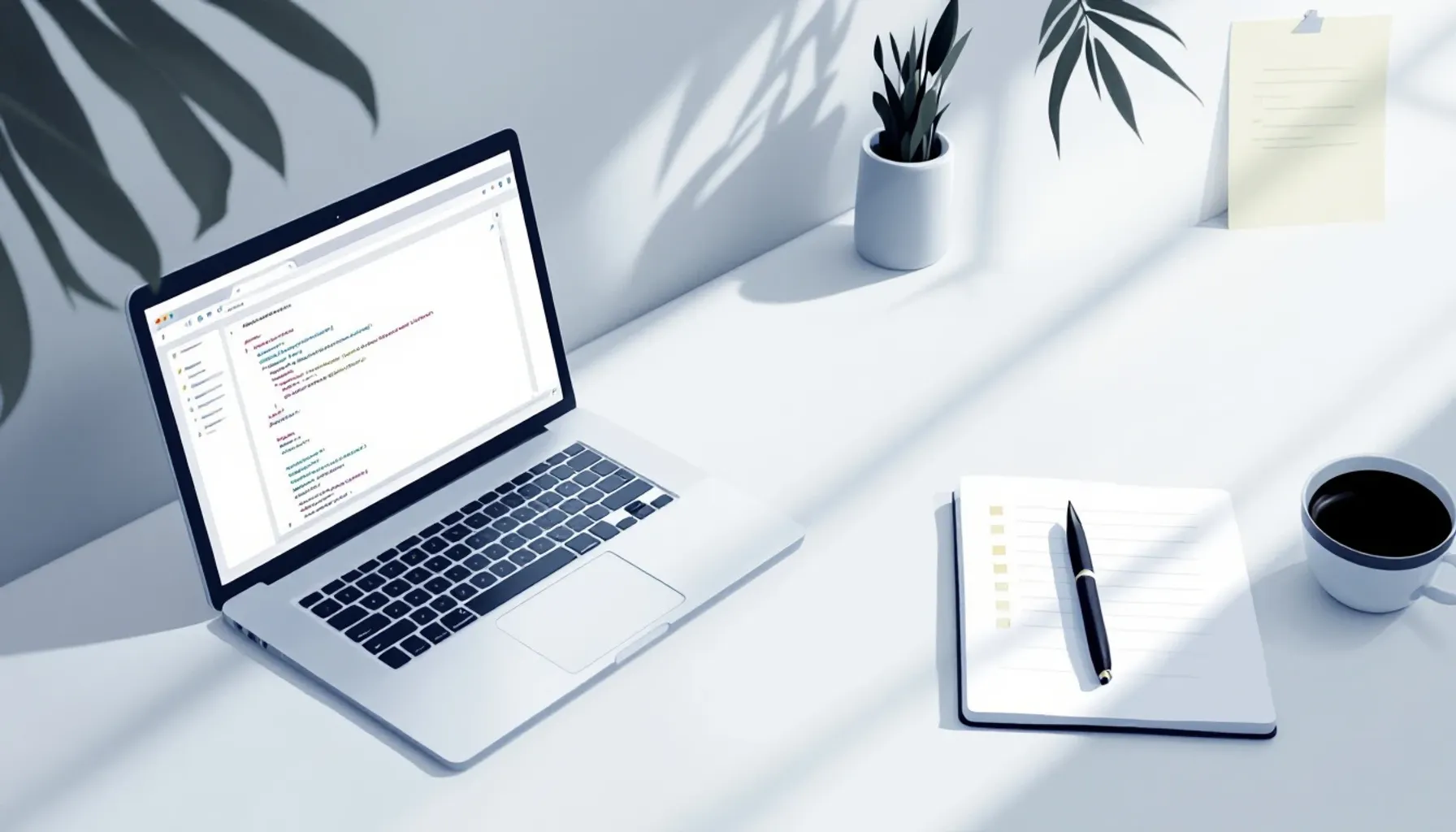 Clean minimalist workspace showing a laptop with code editor open, notebook with project requirements checklist, and a p