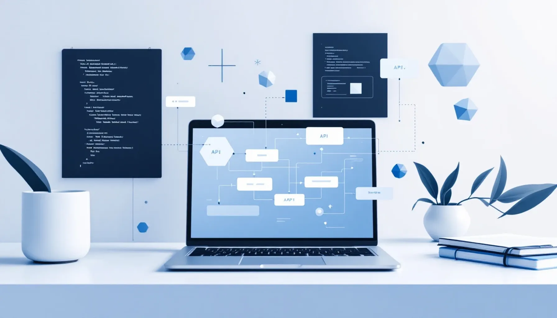 Minimalist workspace scene showing a laptop displaying code and data flow diagrams, with floating geometric shapes repre