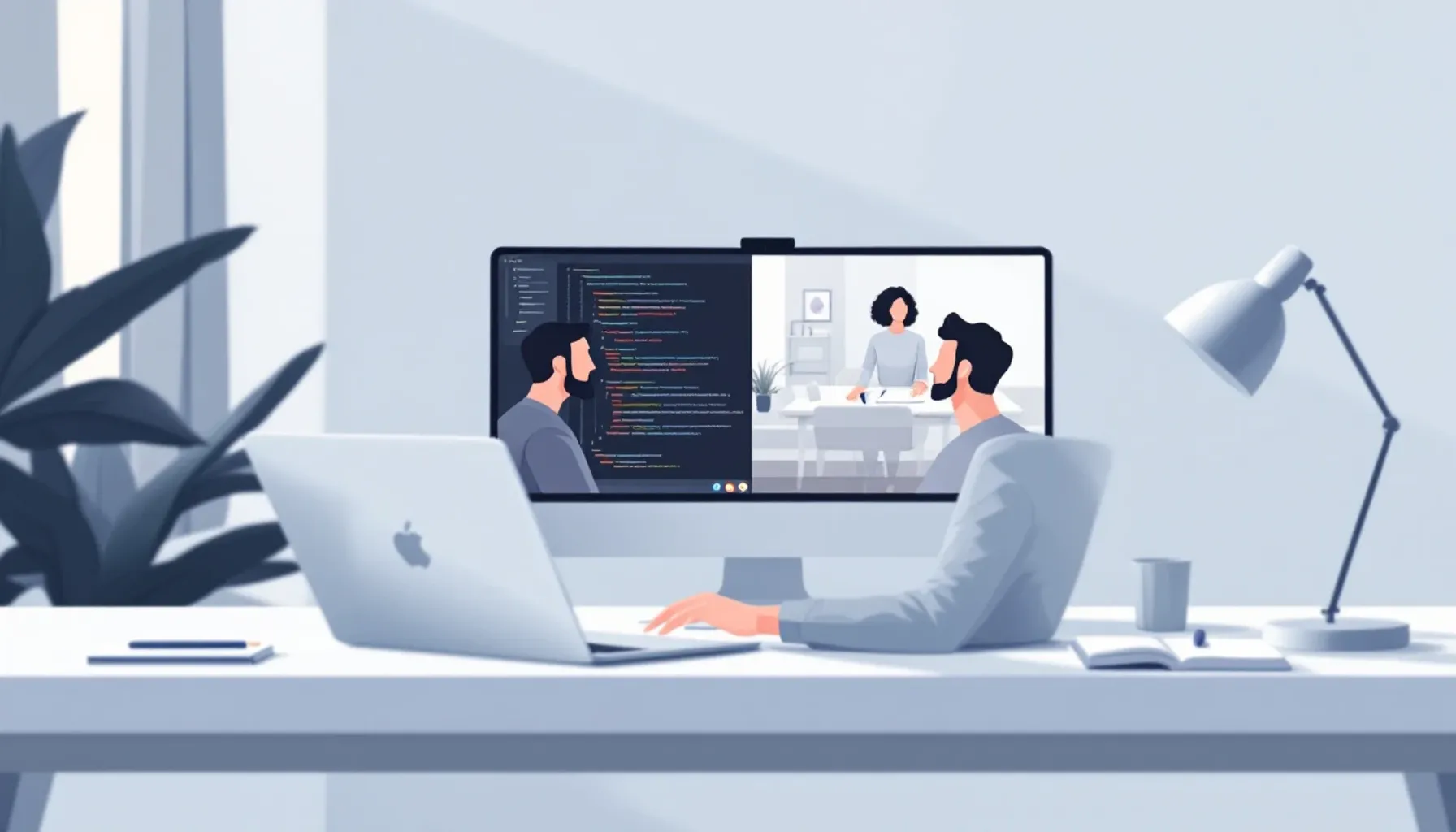 Minimalist scene of two professionals in a video call on a laptop screen, split-view composition, one side showing a dev