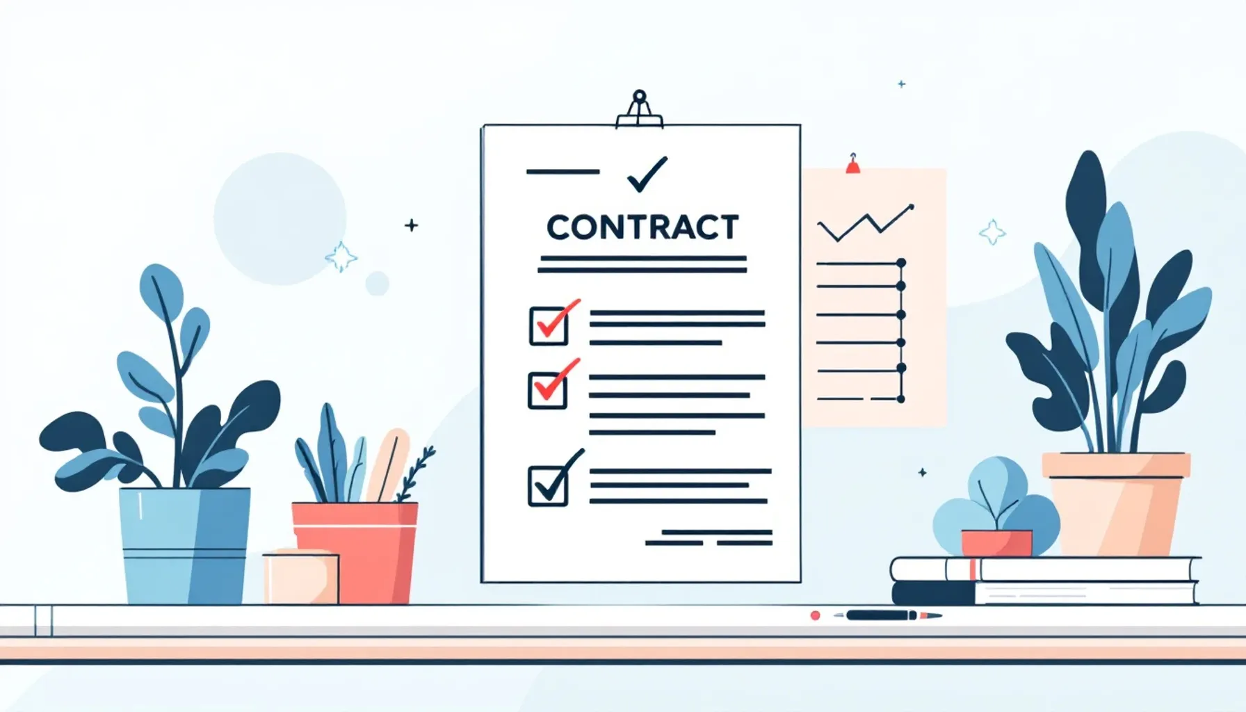 Minimalist flat illustration of a contract document with checkmark icons and a timeline chart, soft blue and gray tones,