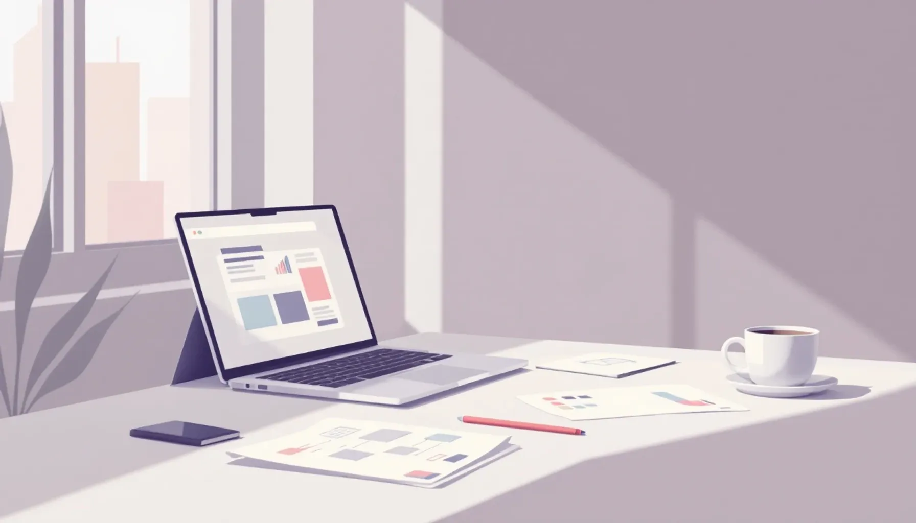 Minimalist workspace scene: laptop displaying a web application interface on screen, notebook with sketches of features 