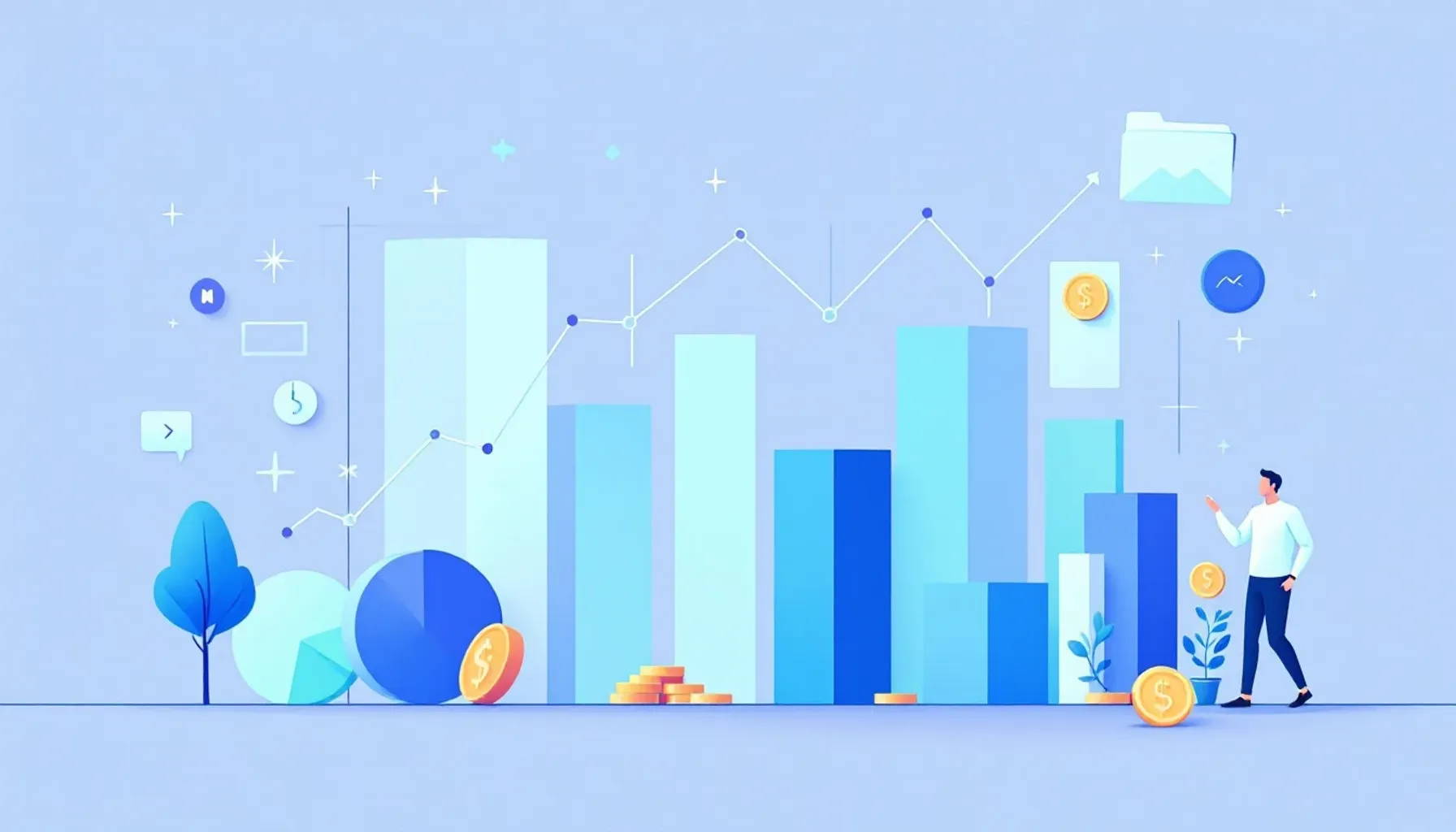 Minimalist flat illustration of a financial dashboard with stacked bar charts and pie charts in soft blue and green tone