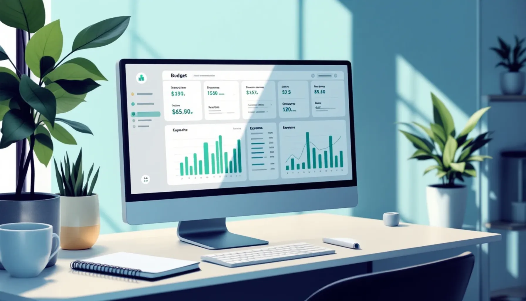 Minimalist flat illustration of a computer screen displaying a budget dashboard with income and expense categories in so