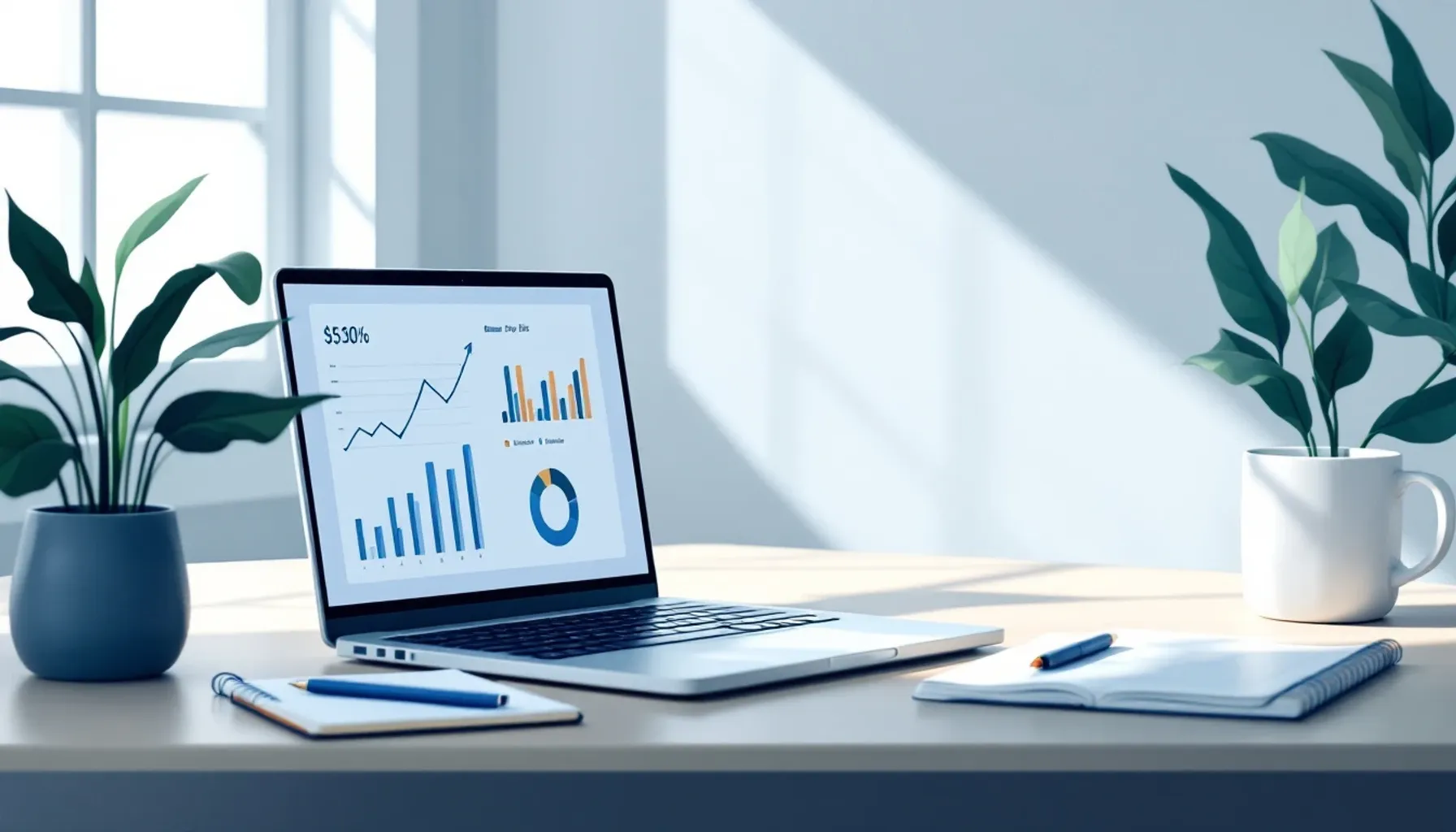 Clean minimalist workspace showing a laptop screen displaying financial charts and portfolio data, with a notebook and p