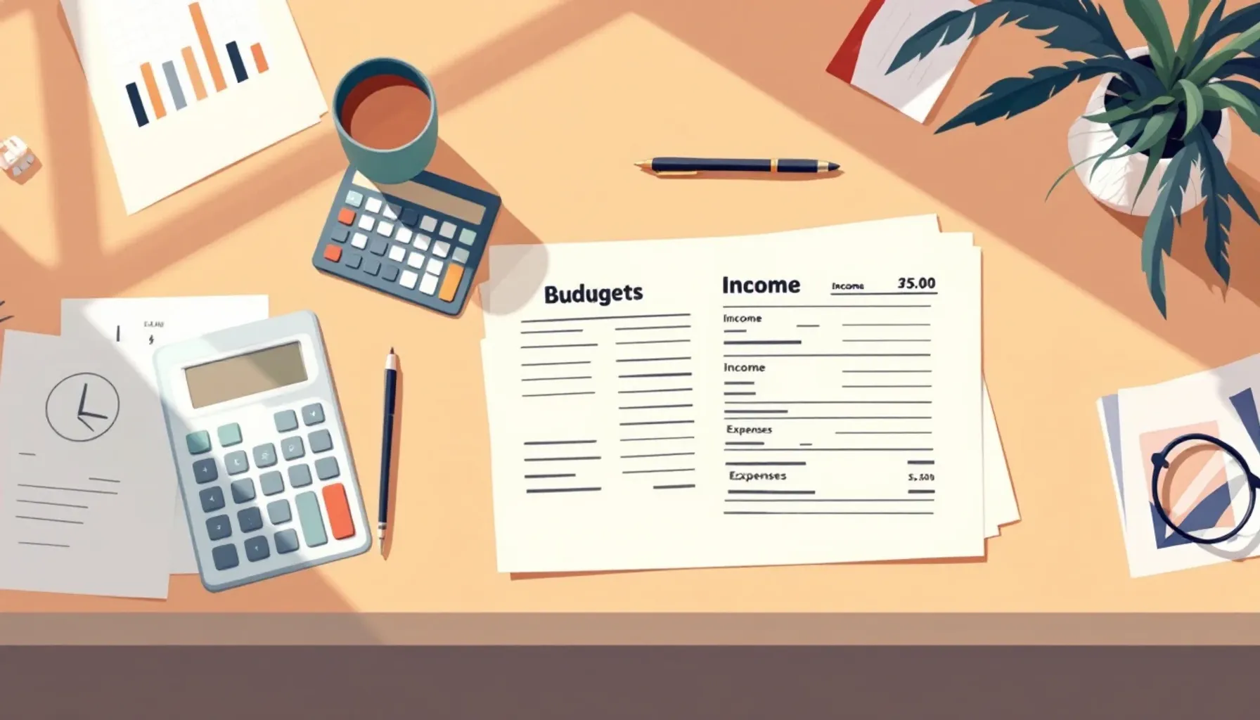 Flat illustration of a family budget spreadsheet or planning table on a desk, showing columns for income and expenses wi