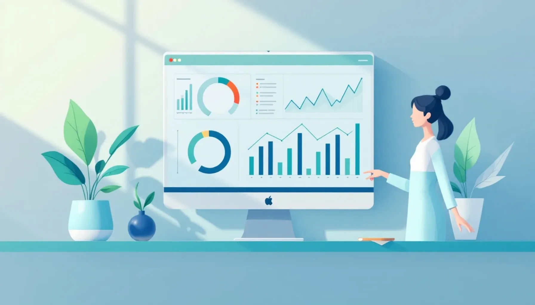 Minimalist flat illustration of a digital dashboard with budget charts and financial data visualization in soft blues an