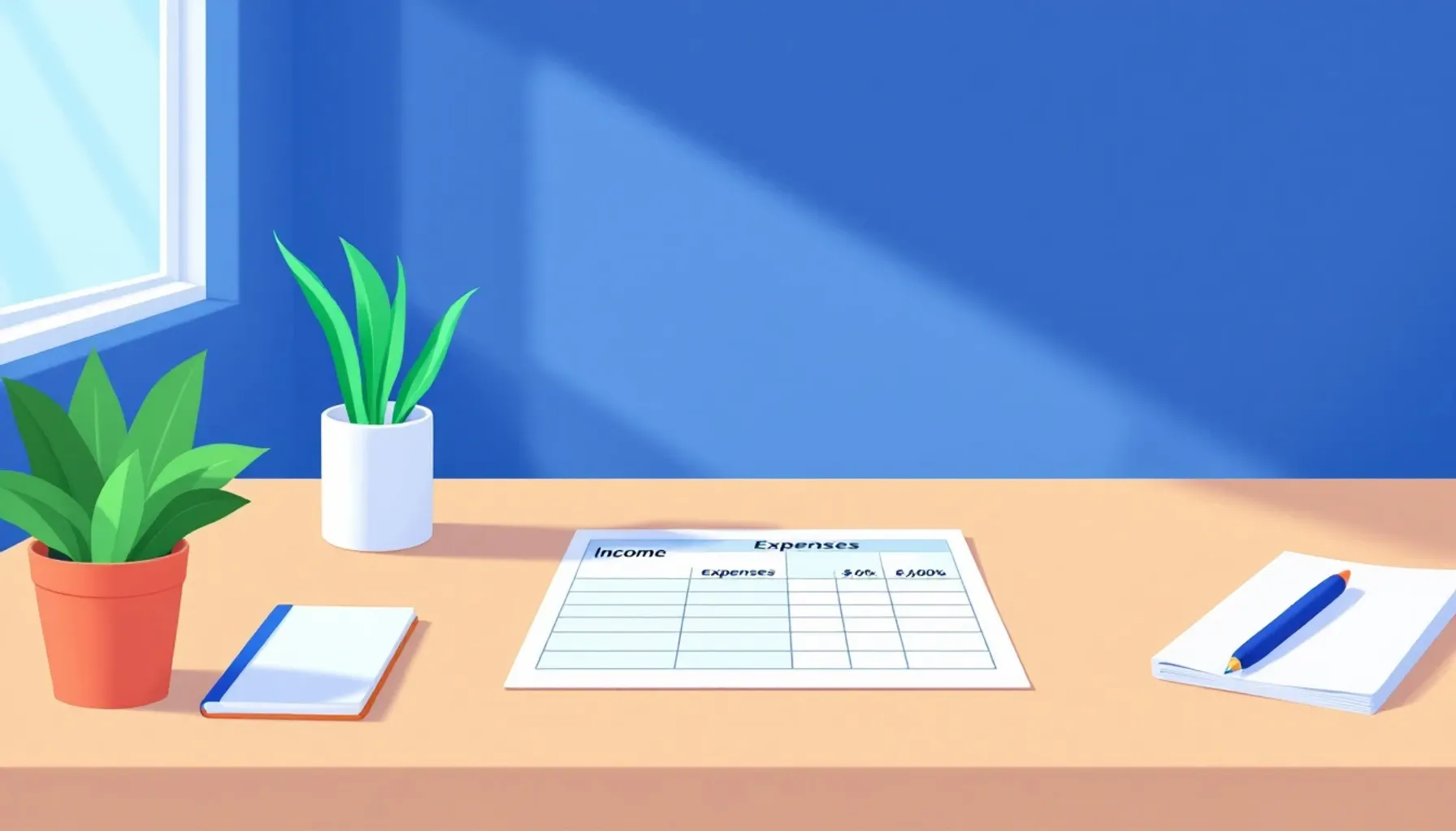Minimalist flat illustration of a spreadsheet on a desk with organized columns showing income and expenses, soft blue an