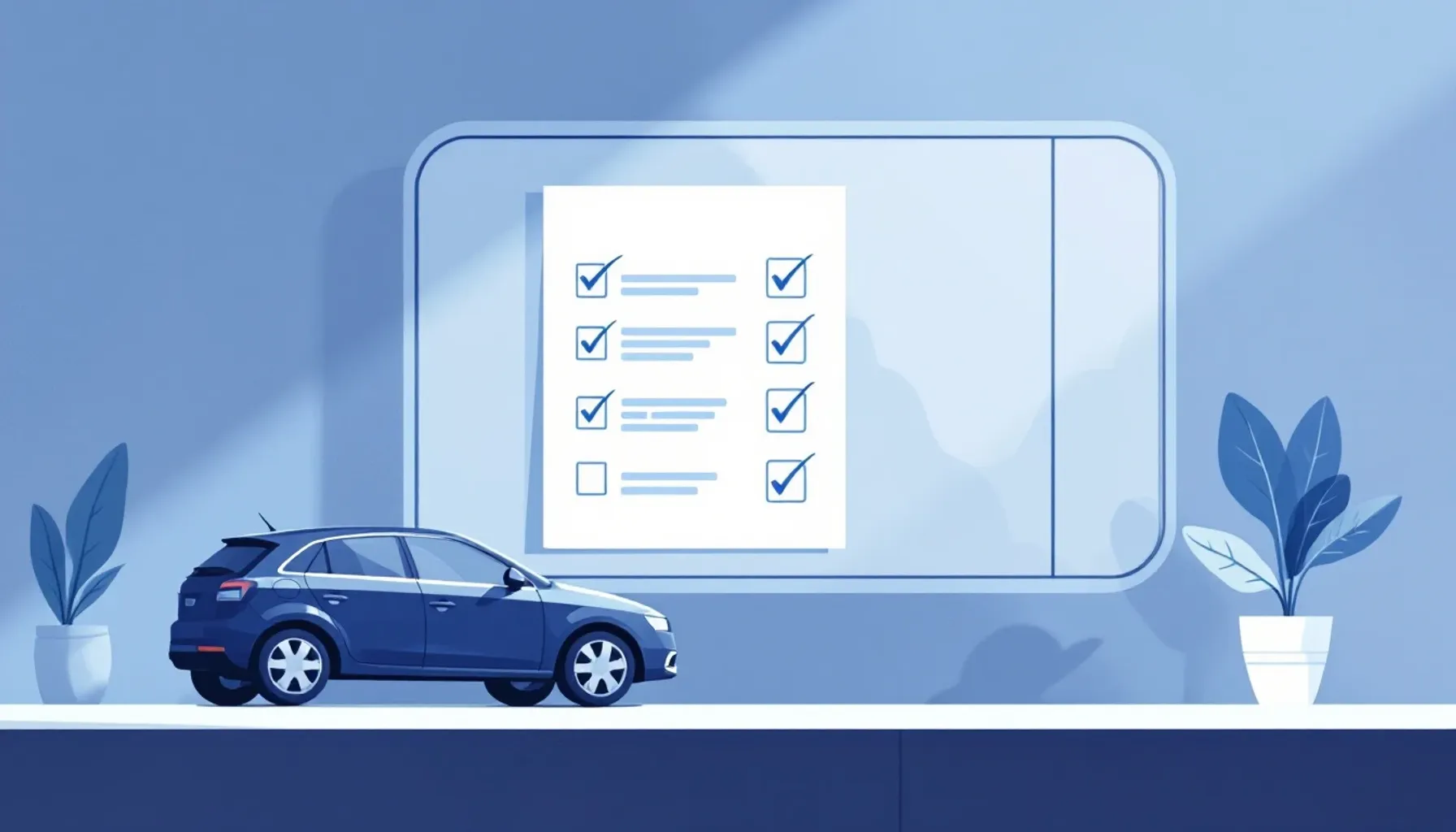 Clean minimal flat illustration of a car insurance comparison scene: split-screen composition showing a car on the left