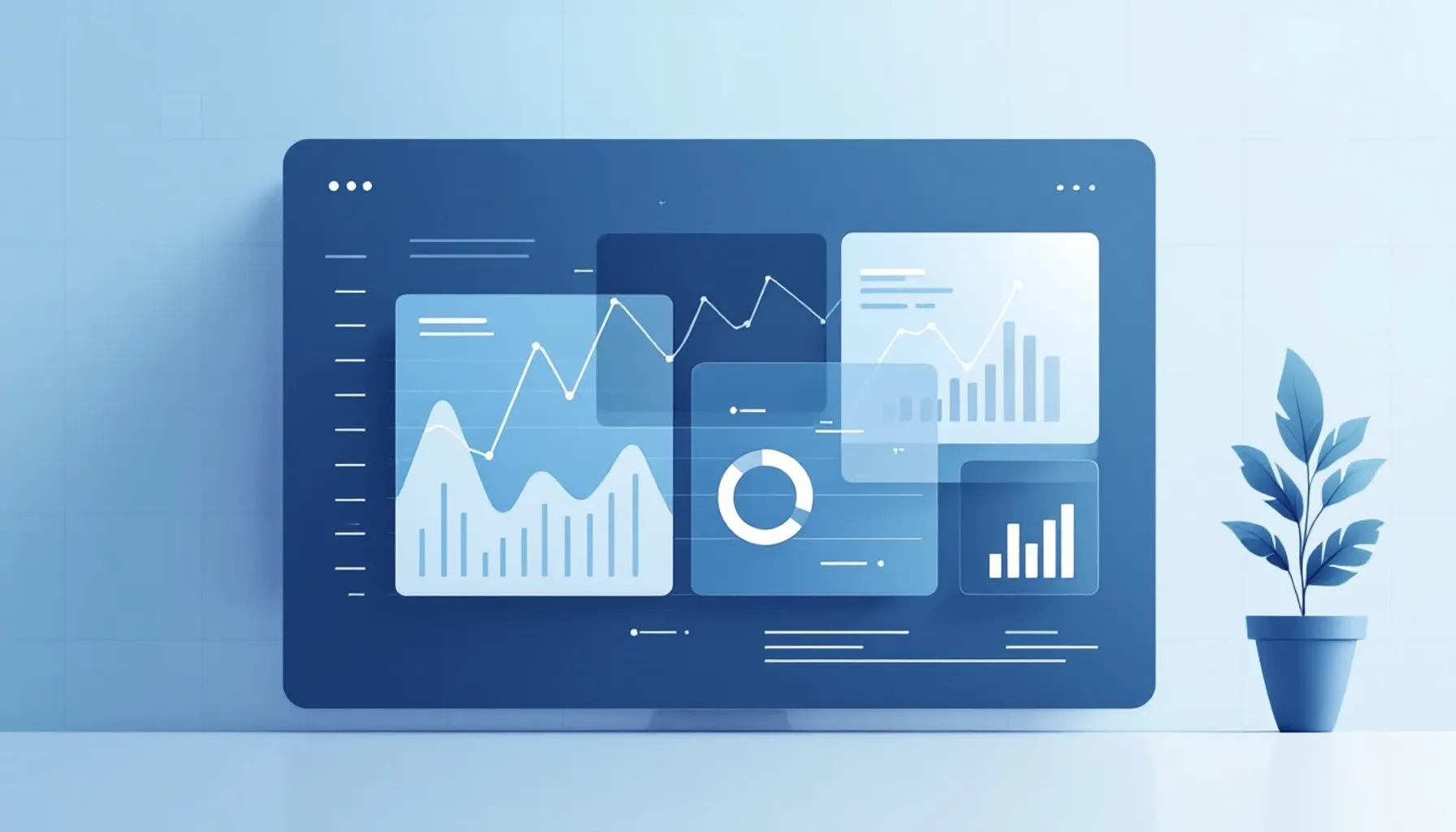 Minimalist flat illustration of a financial dashboard with multiple overlapping chart panels in soft blues and grays, 35