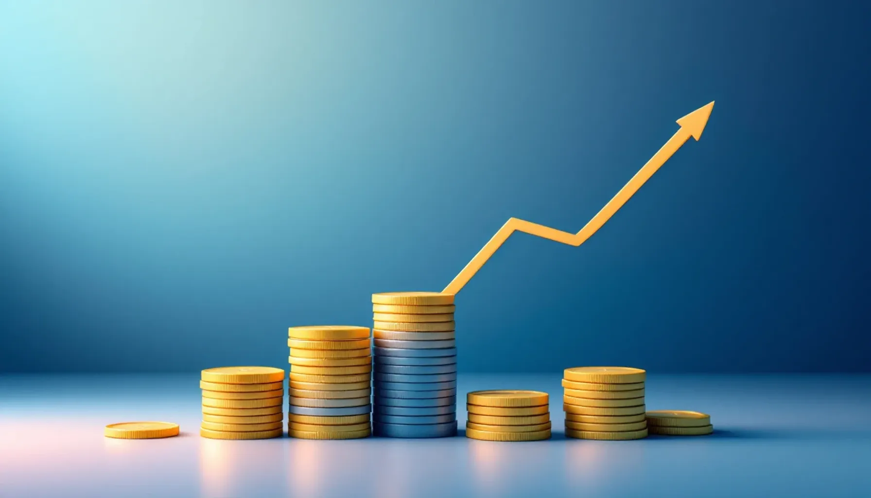 Clean minimalist illustration of a financial growth chart with stacked coins and an upward trending line, soft gradient