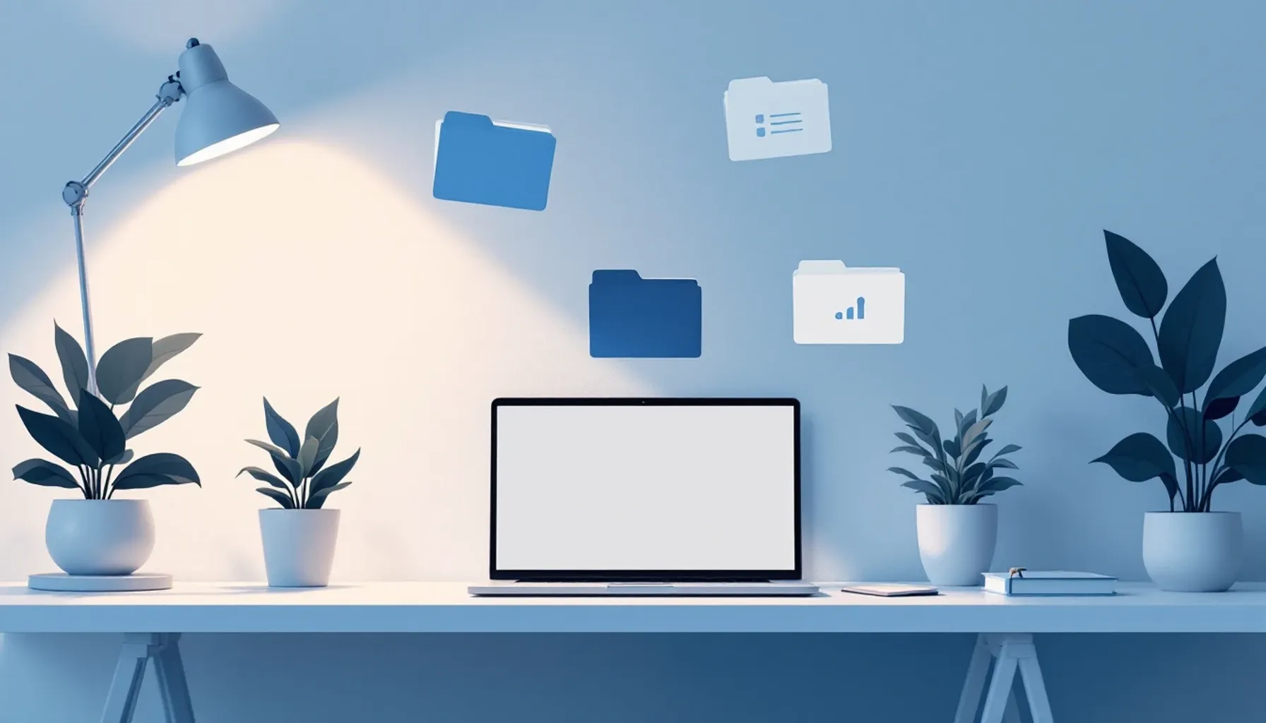 Minimalist desk workspace with a laptop displaying a clean portal interface, organized file folders floating above the d