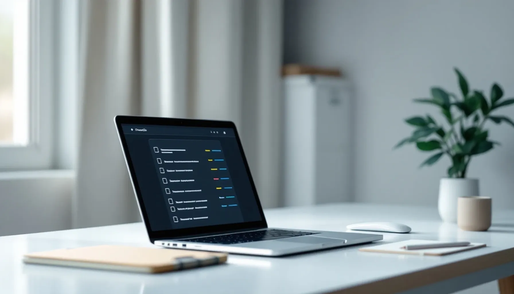 Clean minimalist workspace scene: a desk with an open laptop displaying organized file folders and a checklist interface