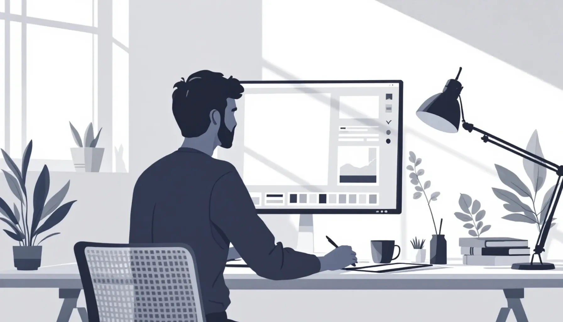 Minimalist workspace scene showing a designer's monitor displaying a design canvas interface, with a stylus and tablet n