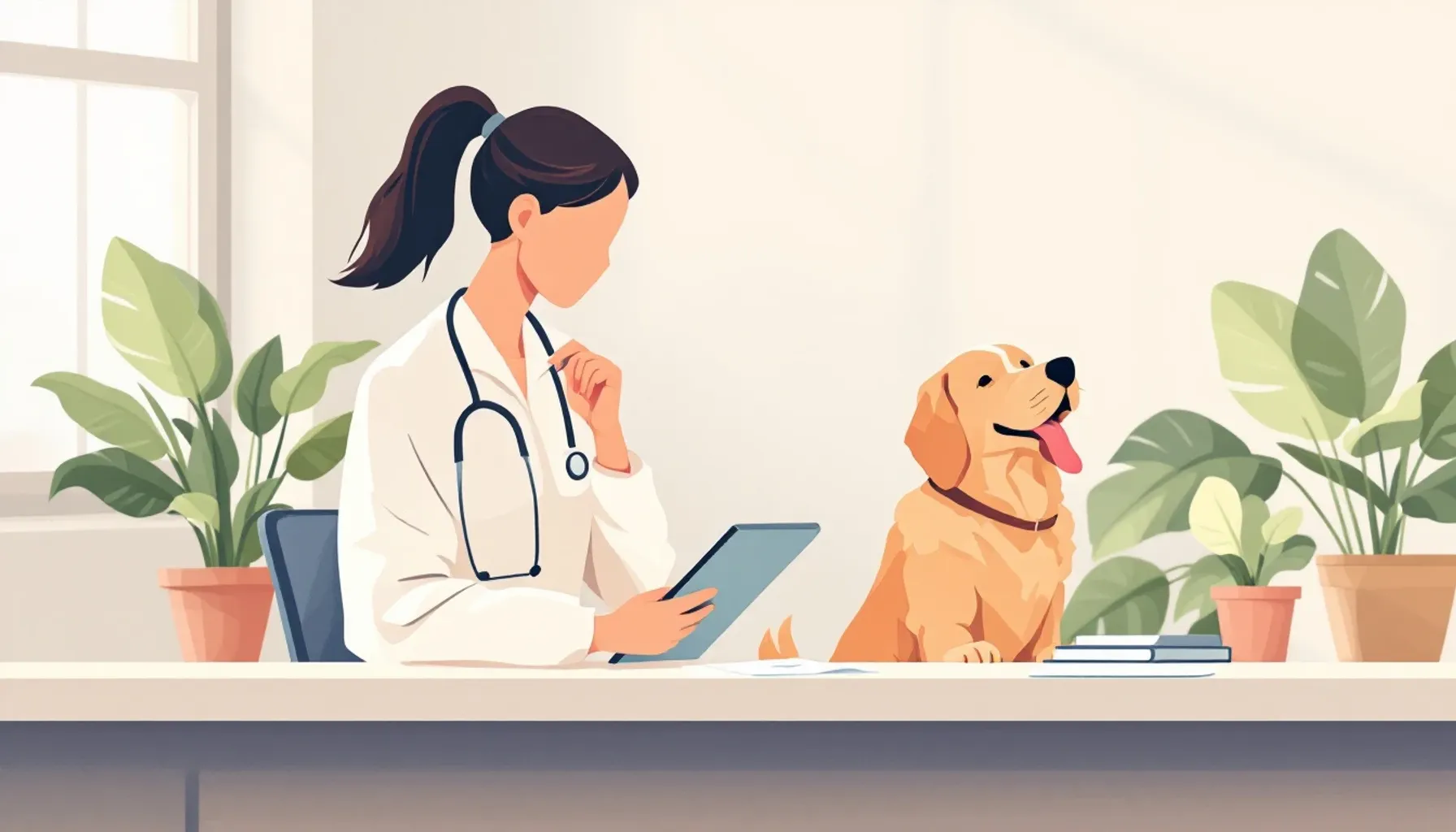Minimalist flat illustration of a dog trainer checking in a client on a tablet device at a modern dog training facility,