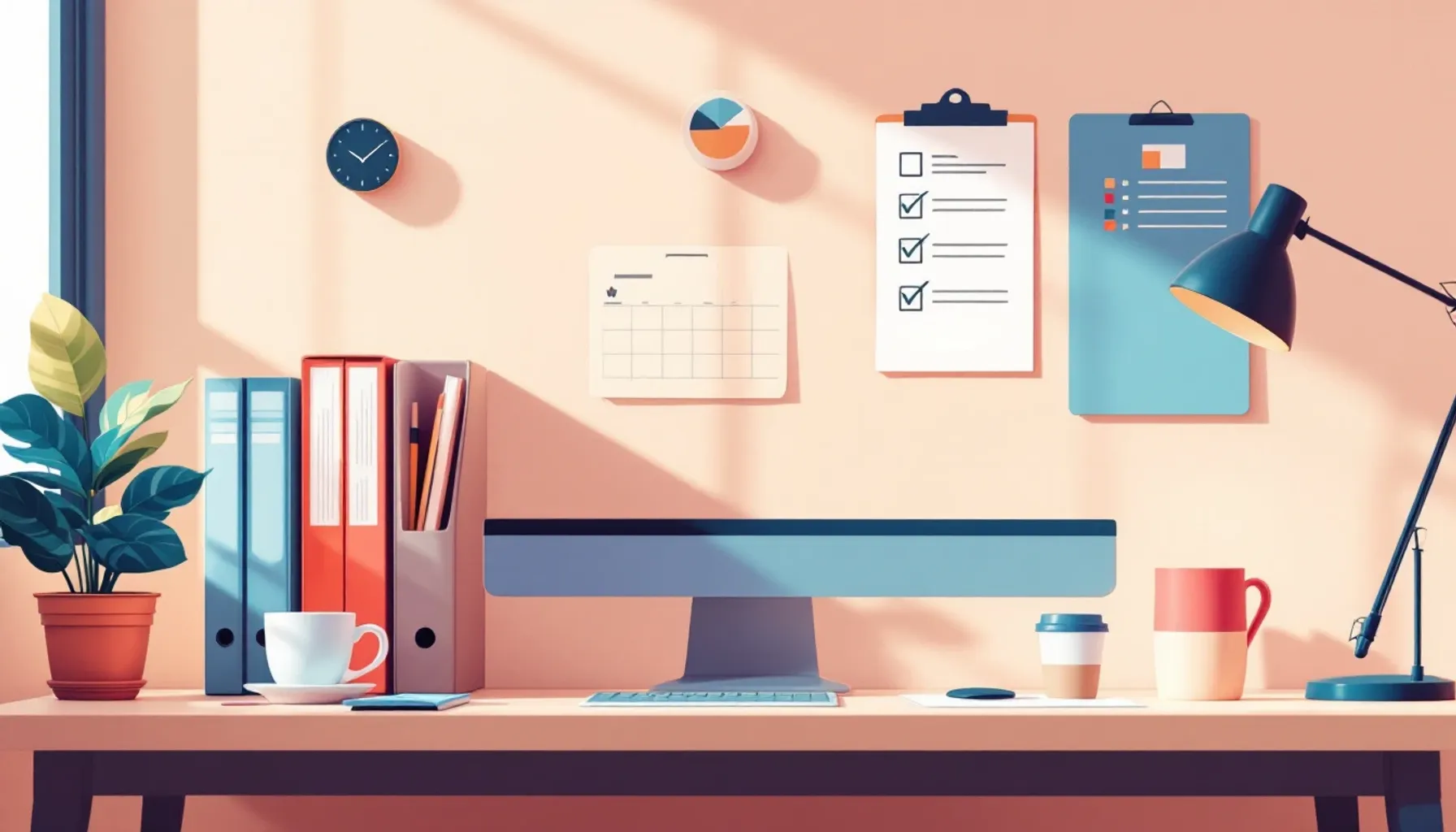 Minimalist desk workspace with organized filing system, digital tablet showing checklist, coffee cup, and calendar on so