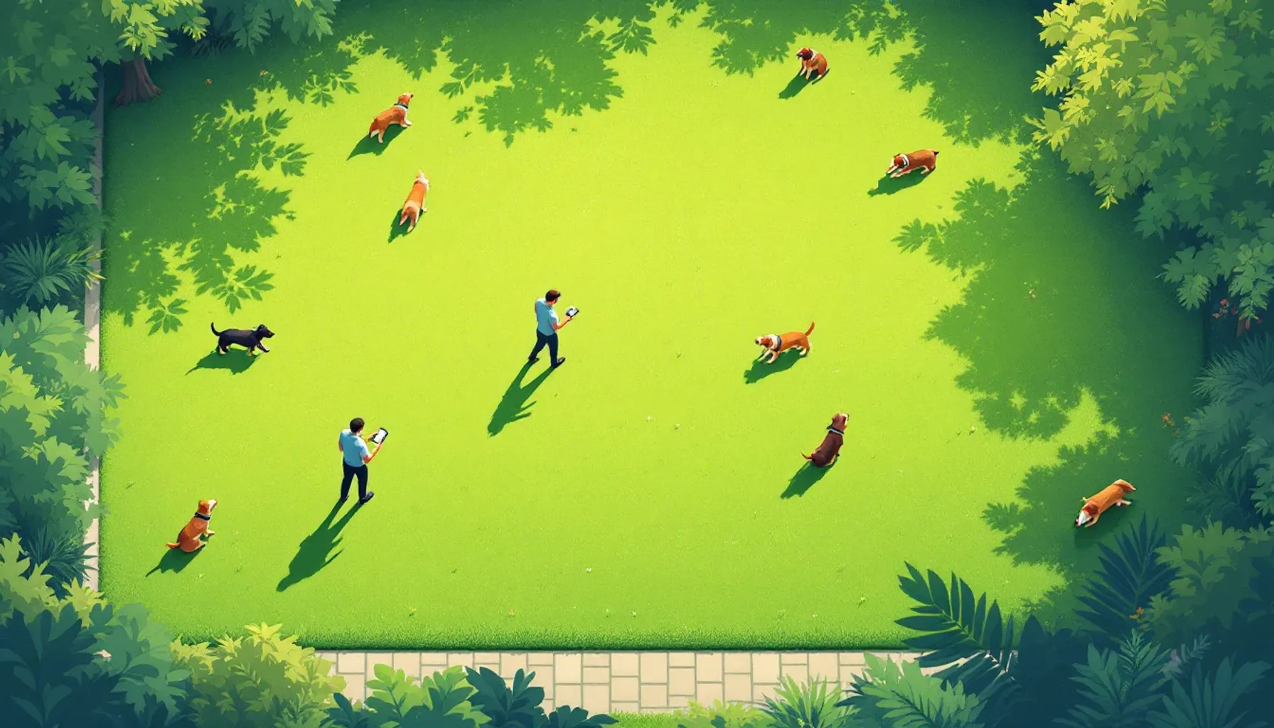 Overhead view of a dog training facility outdoor area with multiple dogs and trainers scattered across a grassy field, o