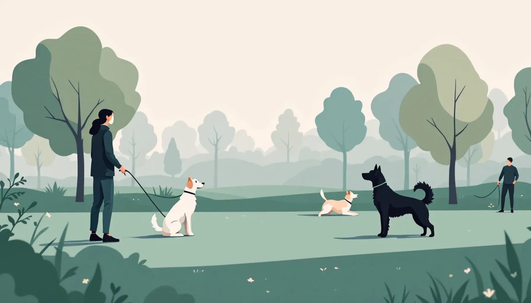 Minimalist flat illustration of a dog training facility with 3-4 dogs and trainers in a calm park setting, 35mm equivale