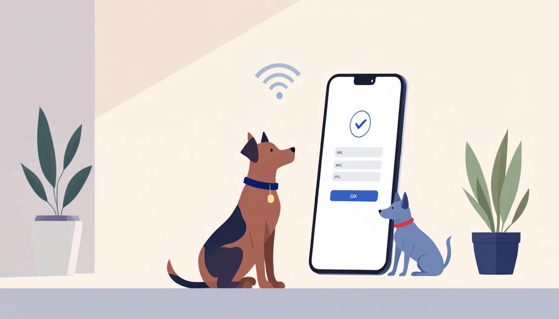 Clean minimalist illustration of a dog training facility scene: tablet or smartphone displaying a digital check-in inter