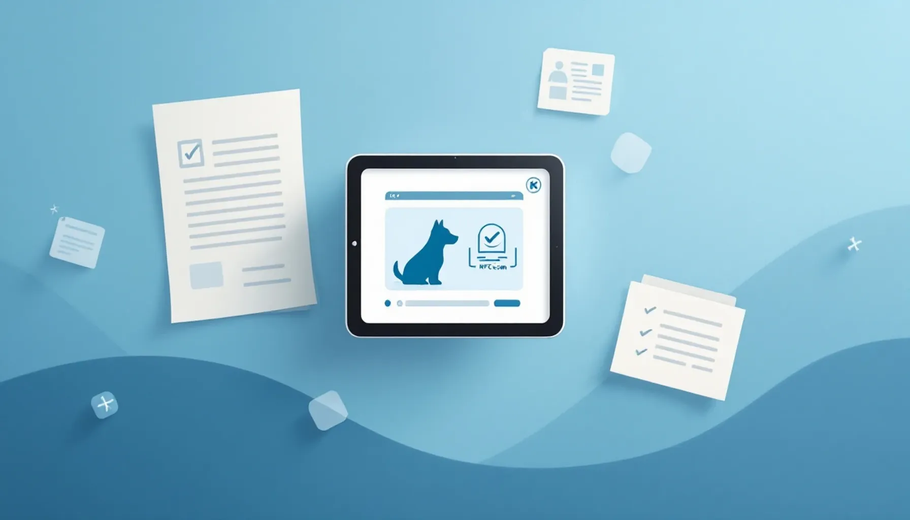 Minimalist flat illustration of a tablet device showing a check-in interface with a dog silhouette and NFC scan icon, su