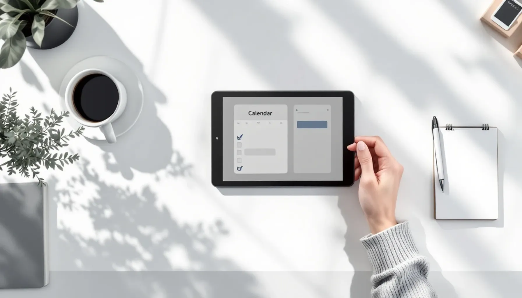 Minimalist desk workspace with a tablet displaying a calendar interface, notebook with checklist, and pen. Soft natural