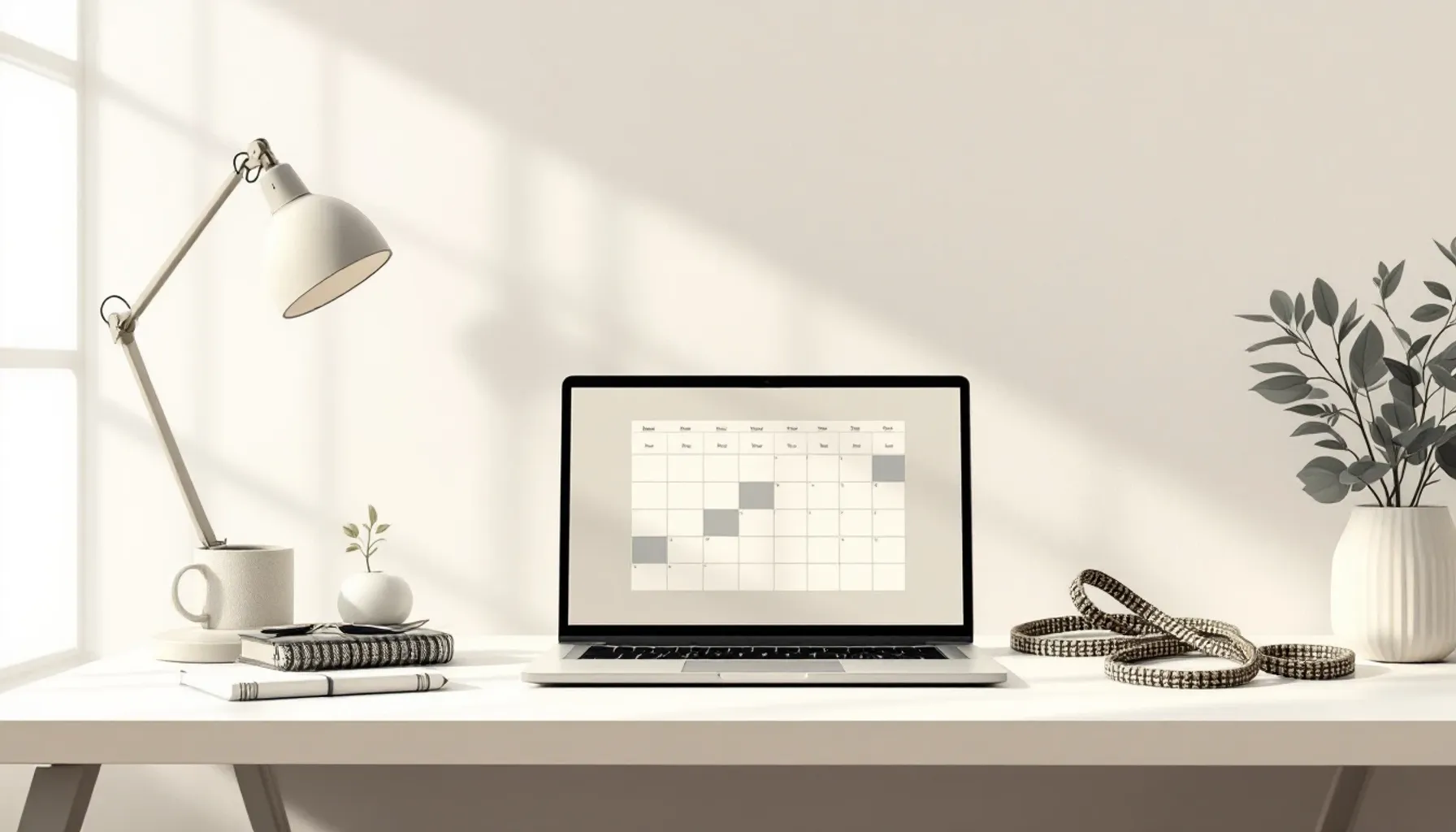 Minimalist desk workspace with a laptop showing a calendar interface, notebook, and dog training leash coiled nearby. So