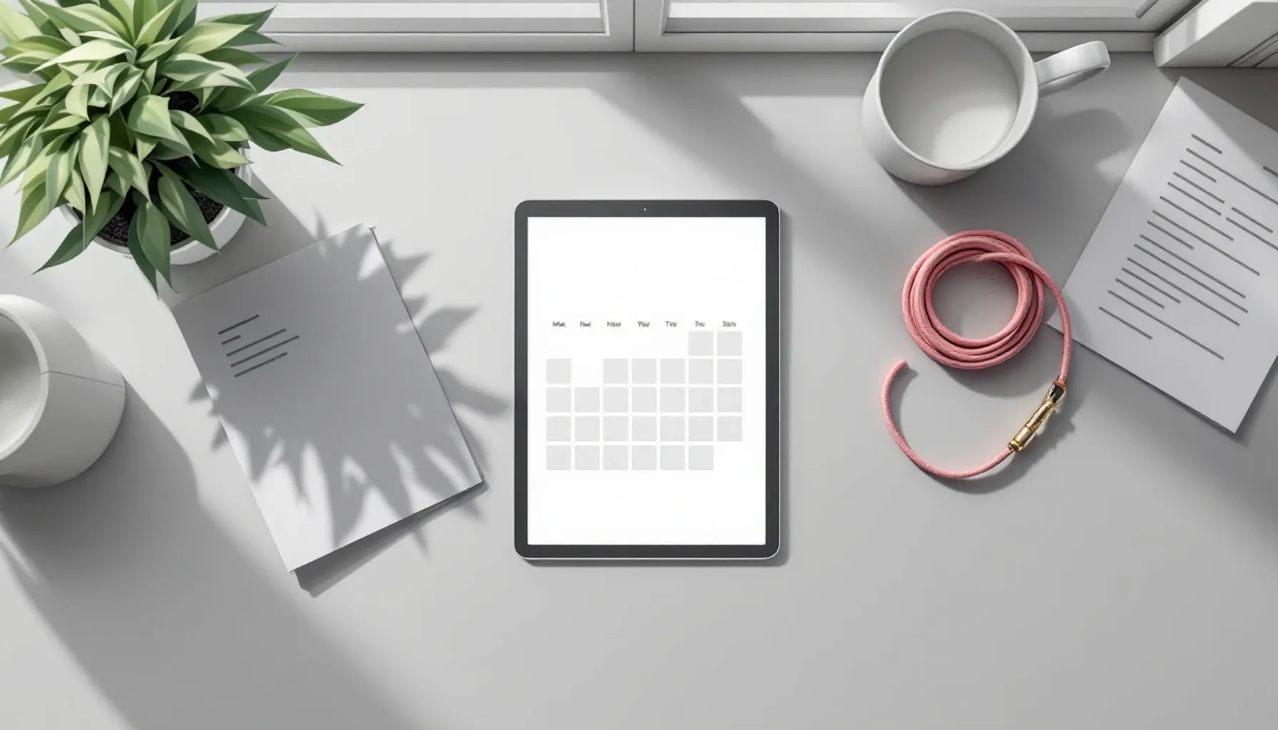 Clean minimalist desk setup with a tablet displaying a calendar interface, a dog leash coiled nearby, and a vaccination 