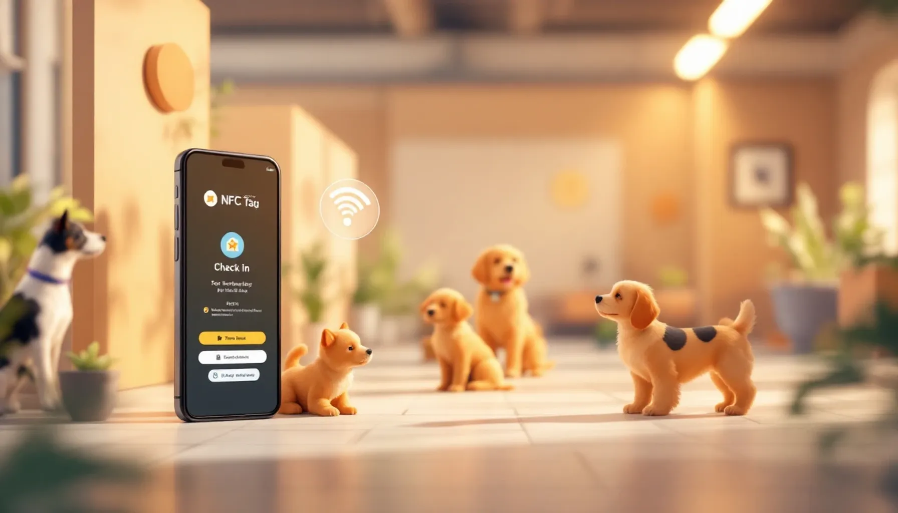 Clean minimalist illustration of a dog training facility with a smartphone displaying a check-in interface, NFC tag symb