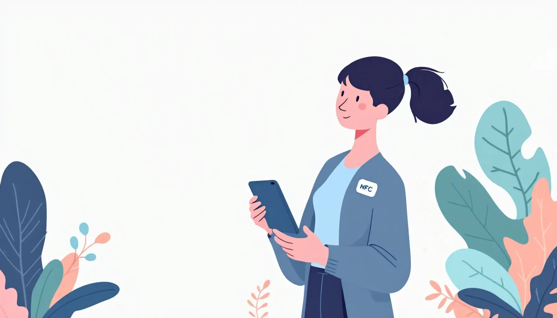 Minimalist flat illustration of a dog trainer holding a smartphone with an NFC tag in the background, calm pastel color